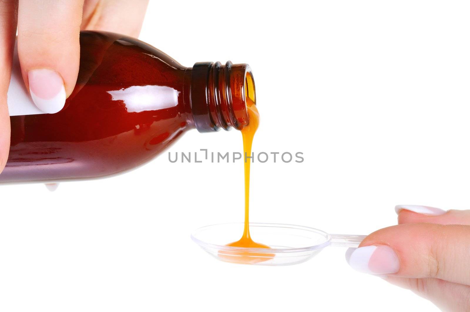 Liquid medicine pouring by female hands from bottle to measuring spoon. On white background.
