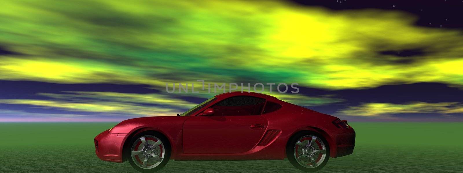 car red and sky green