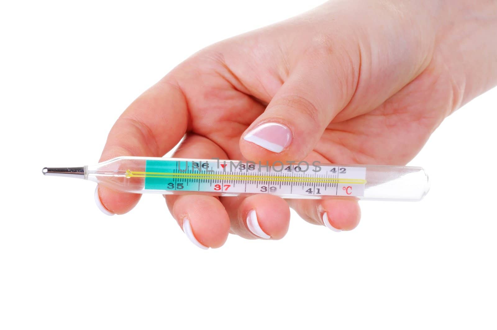 Mercury thermometer in female hand on white background