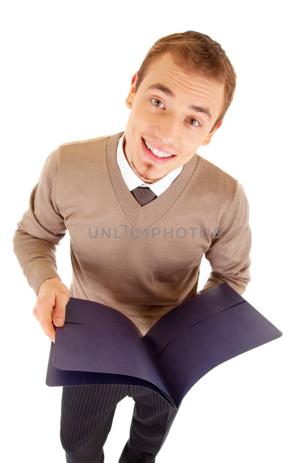 Young well-dressed man in formalwear is holding a files for documents. Isolated on white background.