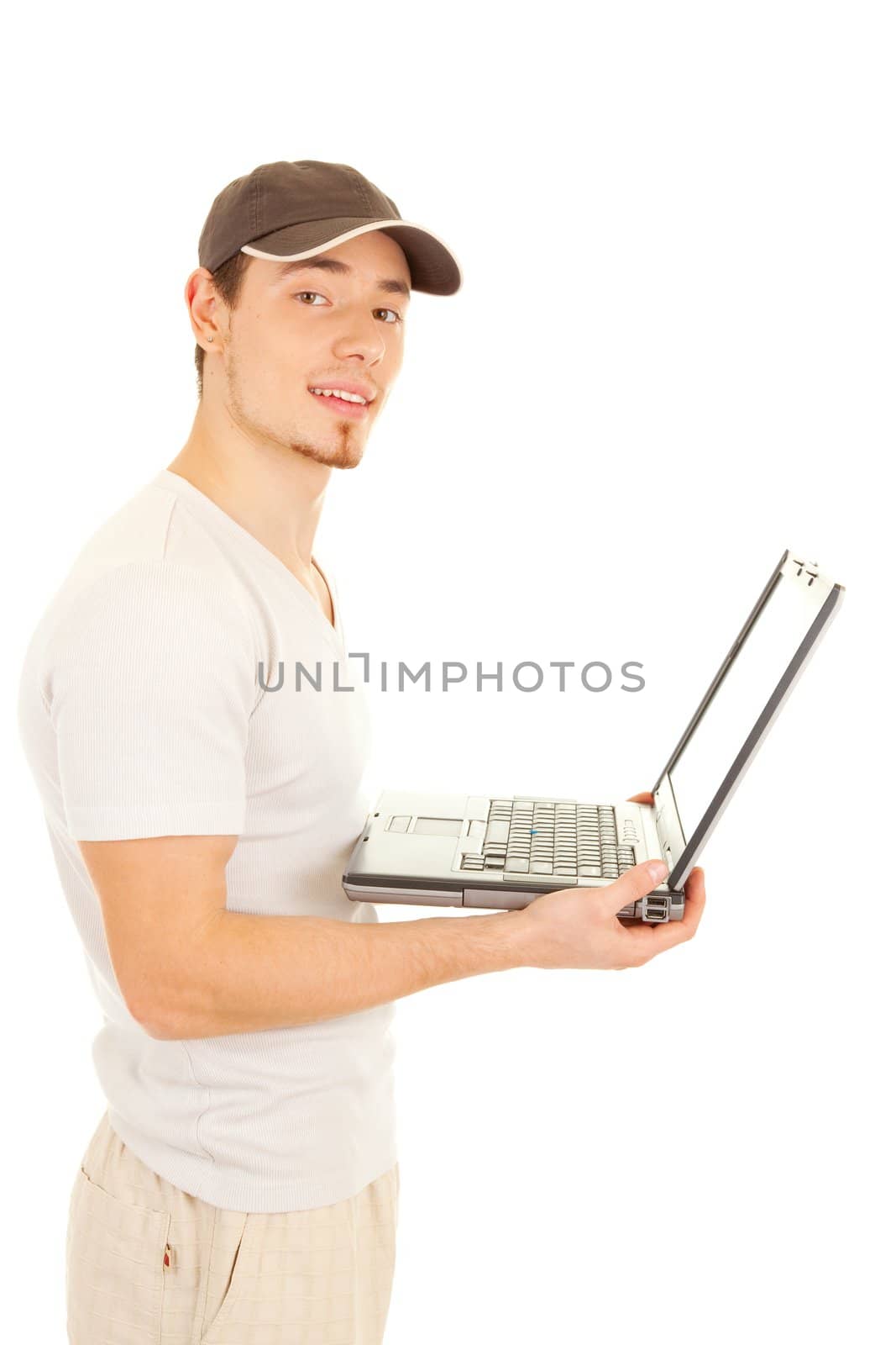 Handsome casual standing man with laptop on white background