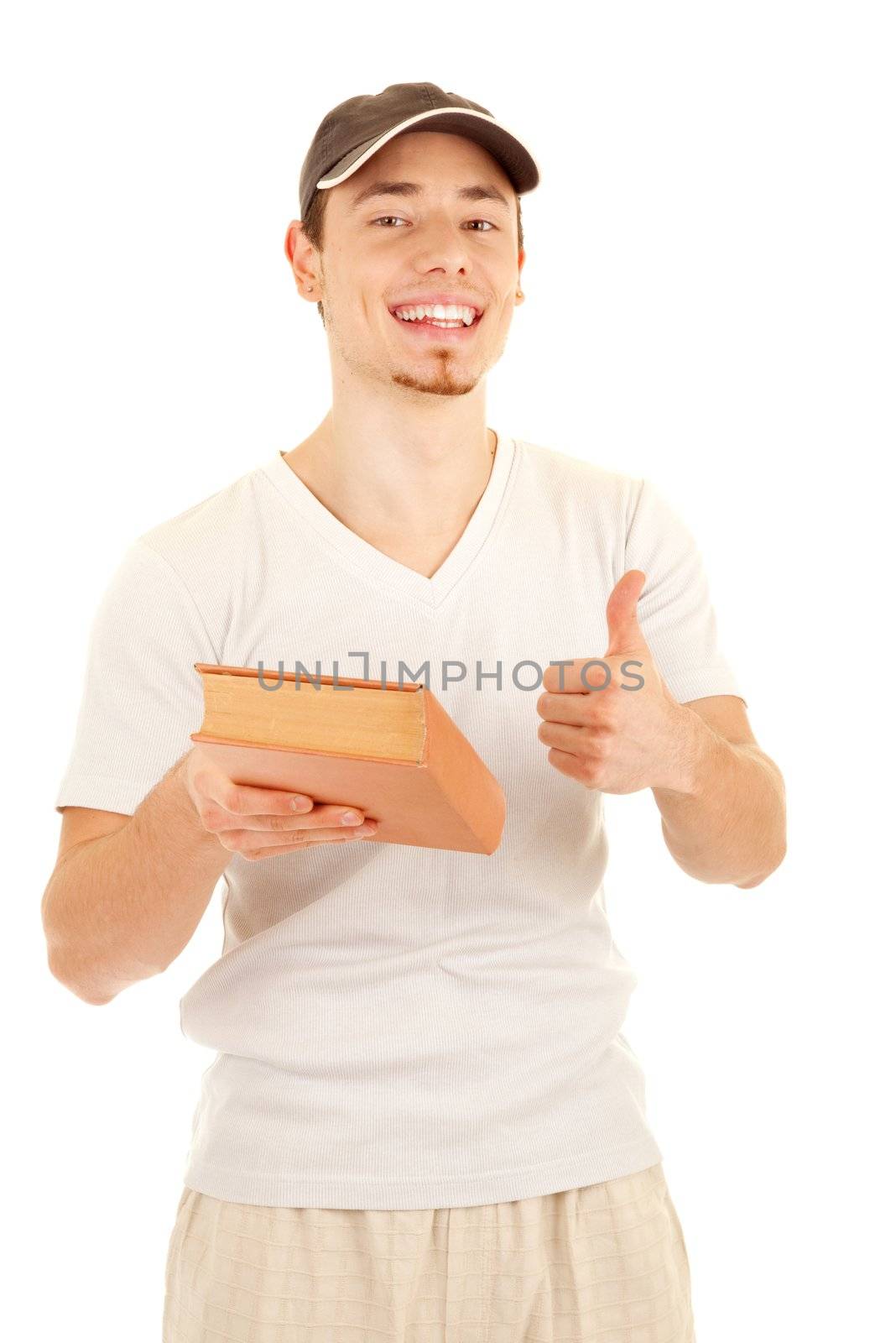 Casual young smiling men shows gesture that this book is very nice. On white background.