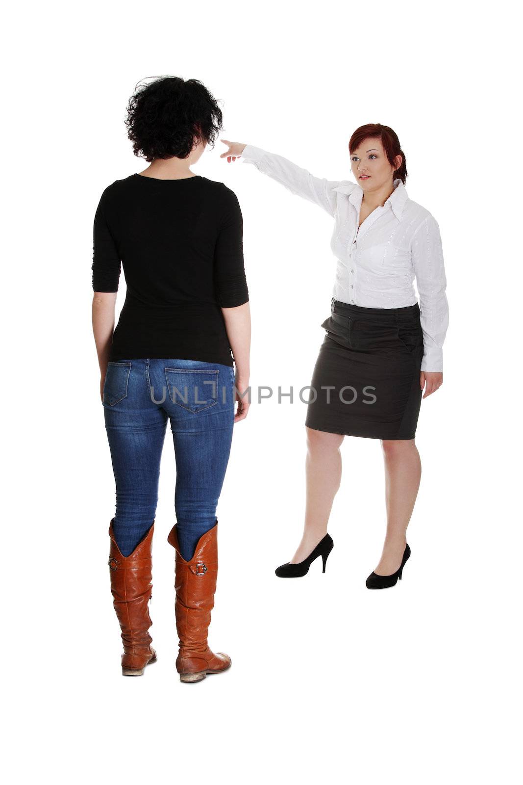 Businesswoman giving reprimand to worker. Isolated on white