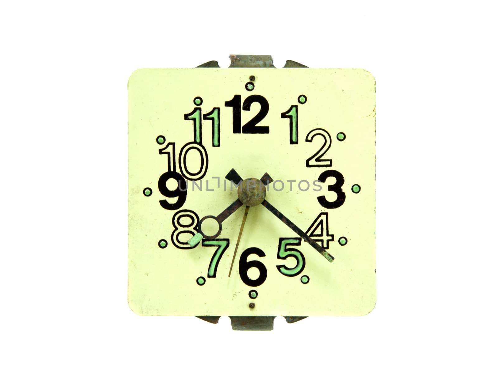 Closeup of old retro vintage alarm clock with arrows and numbers isolated on white.