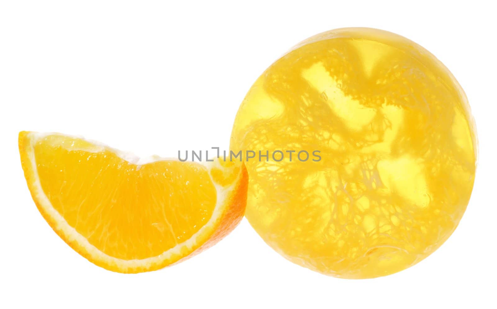 Juicy orange slices with scrubbing soap on white background