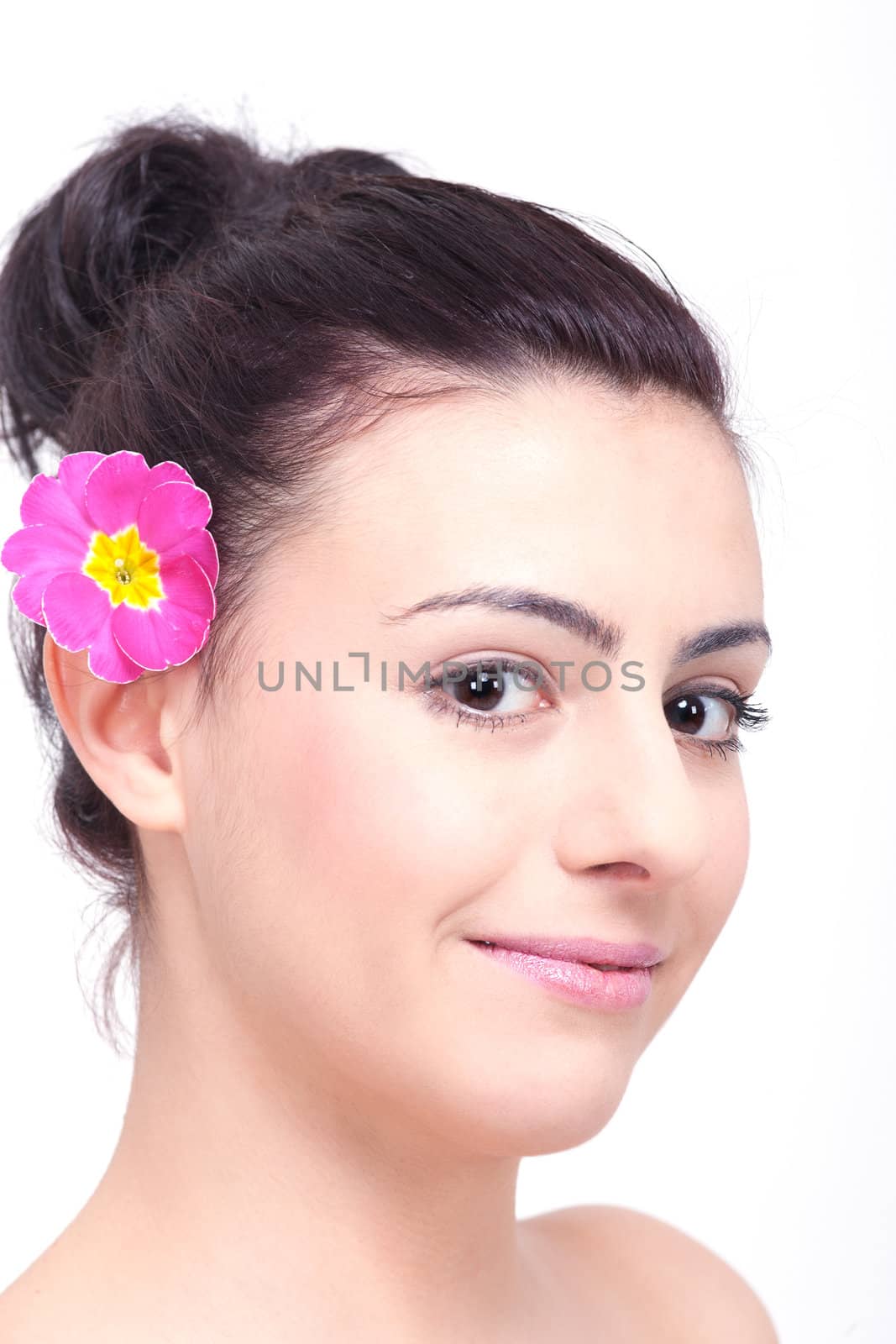 young beautiful brunette woman with flower by juniart