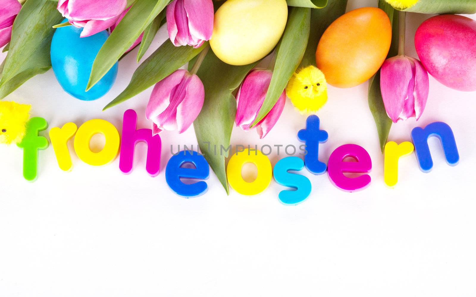 tulip wit eastern eggs a rabbit and letters in different colours by juniart