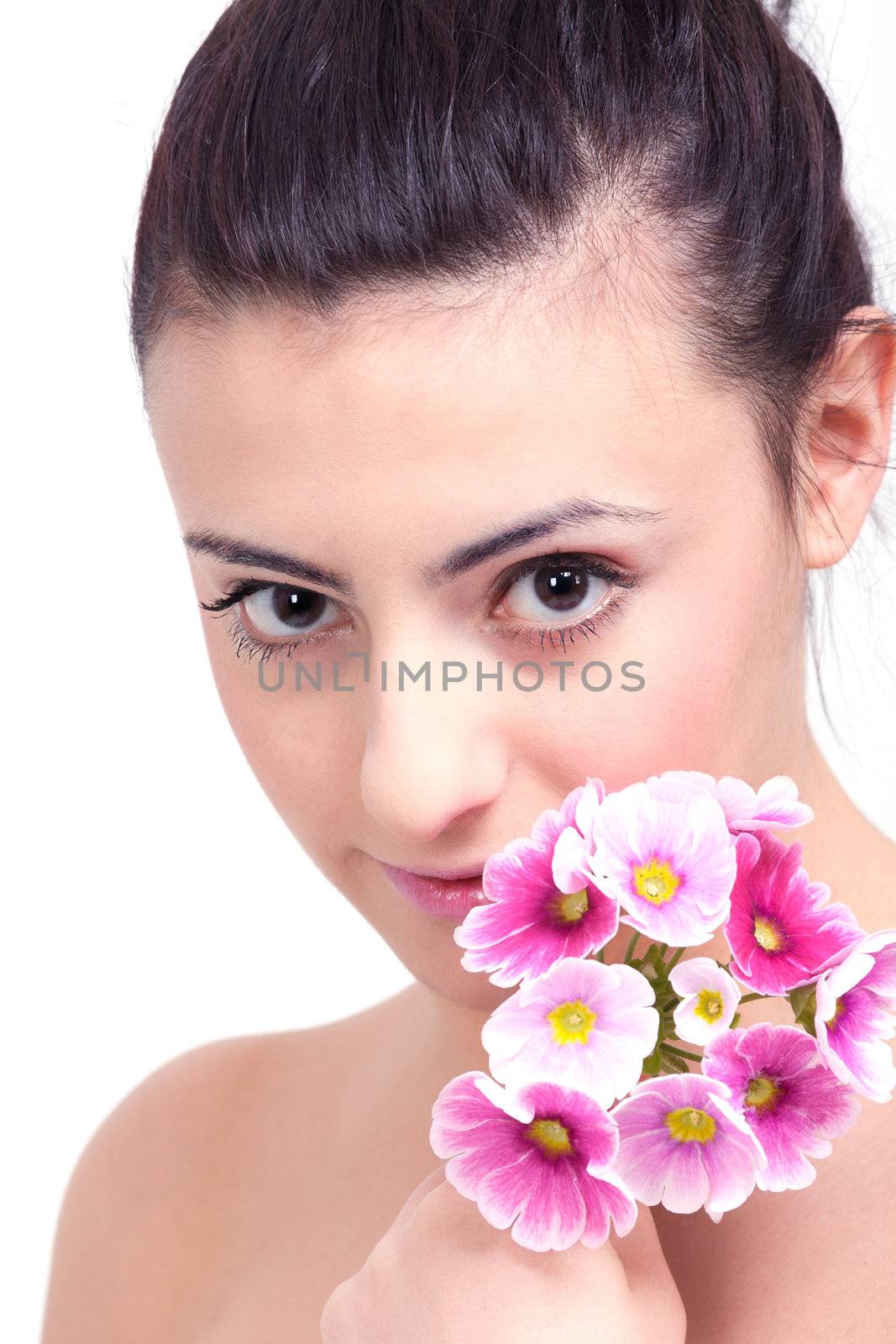 young beautiful brunette woman with flower by juniart