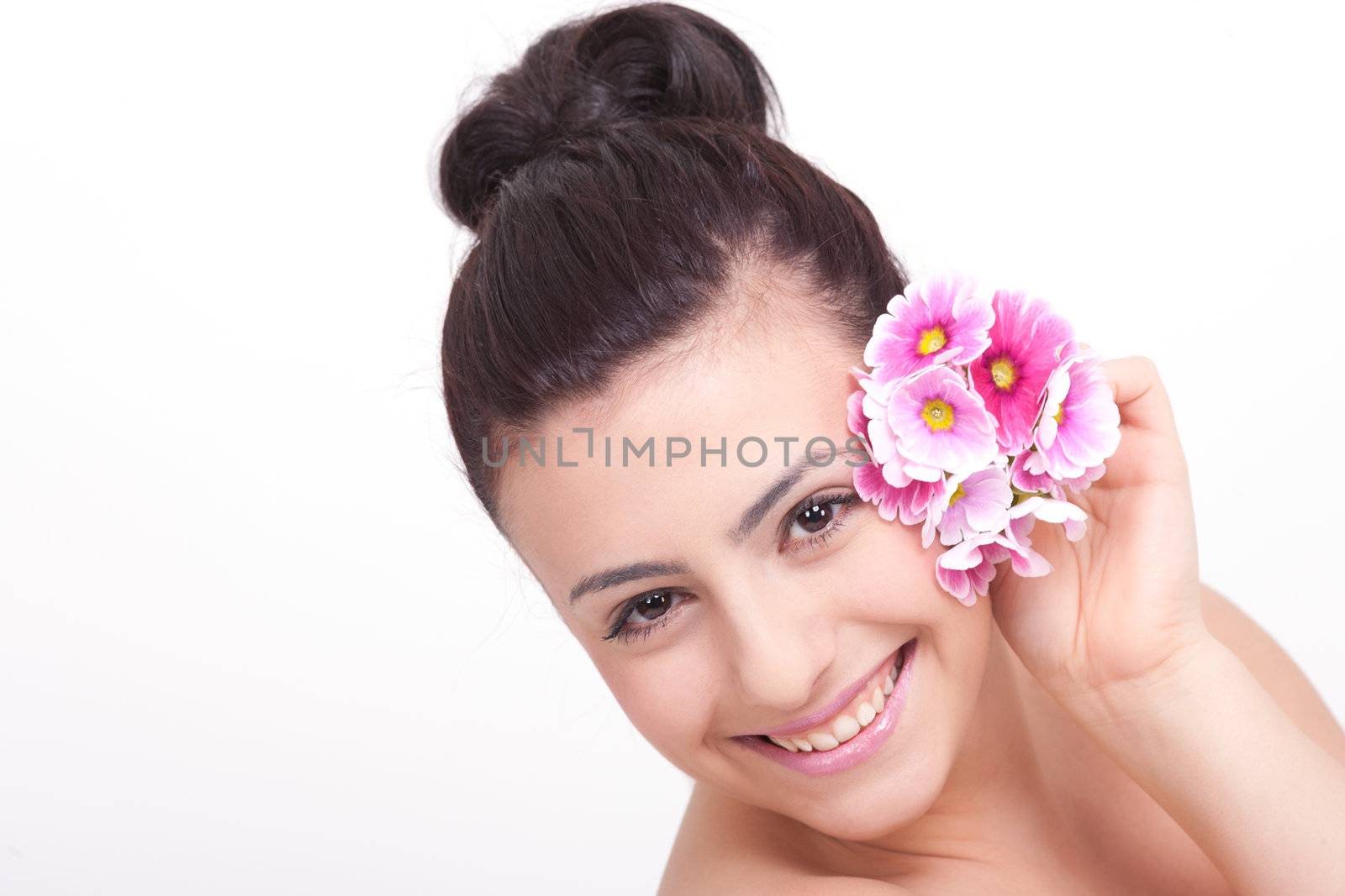 young beautiful brunette woman with flower by juniart