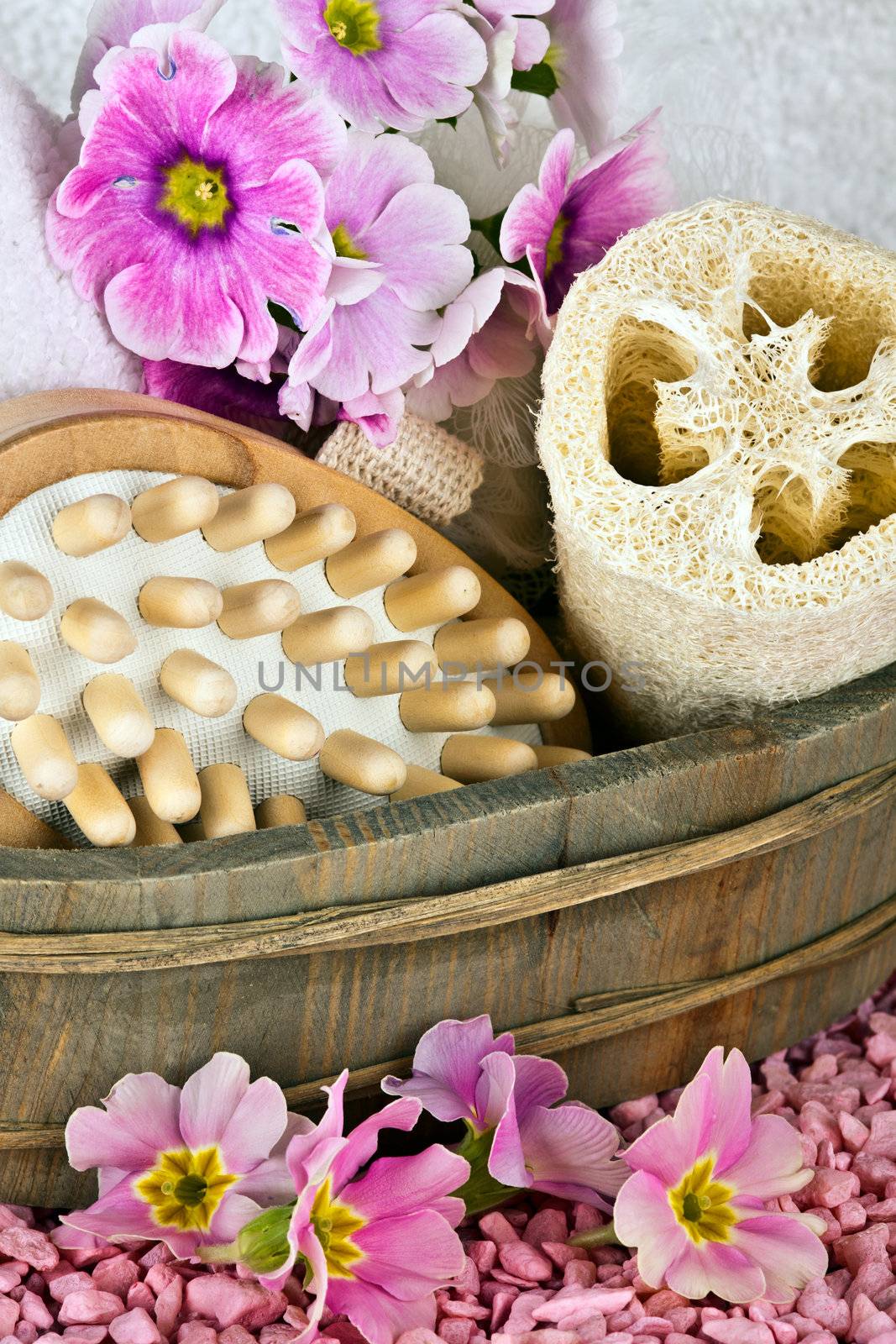 pink flowers brush and sponge for wellness in a beauty spa by juniart