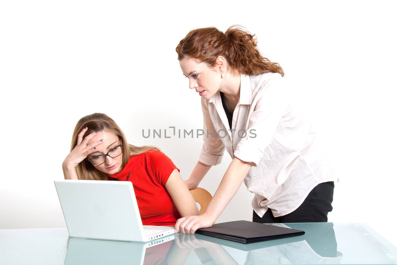 two business woman are discussing about a problem at work by juniart