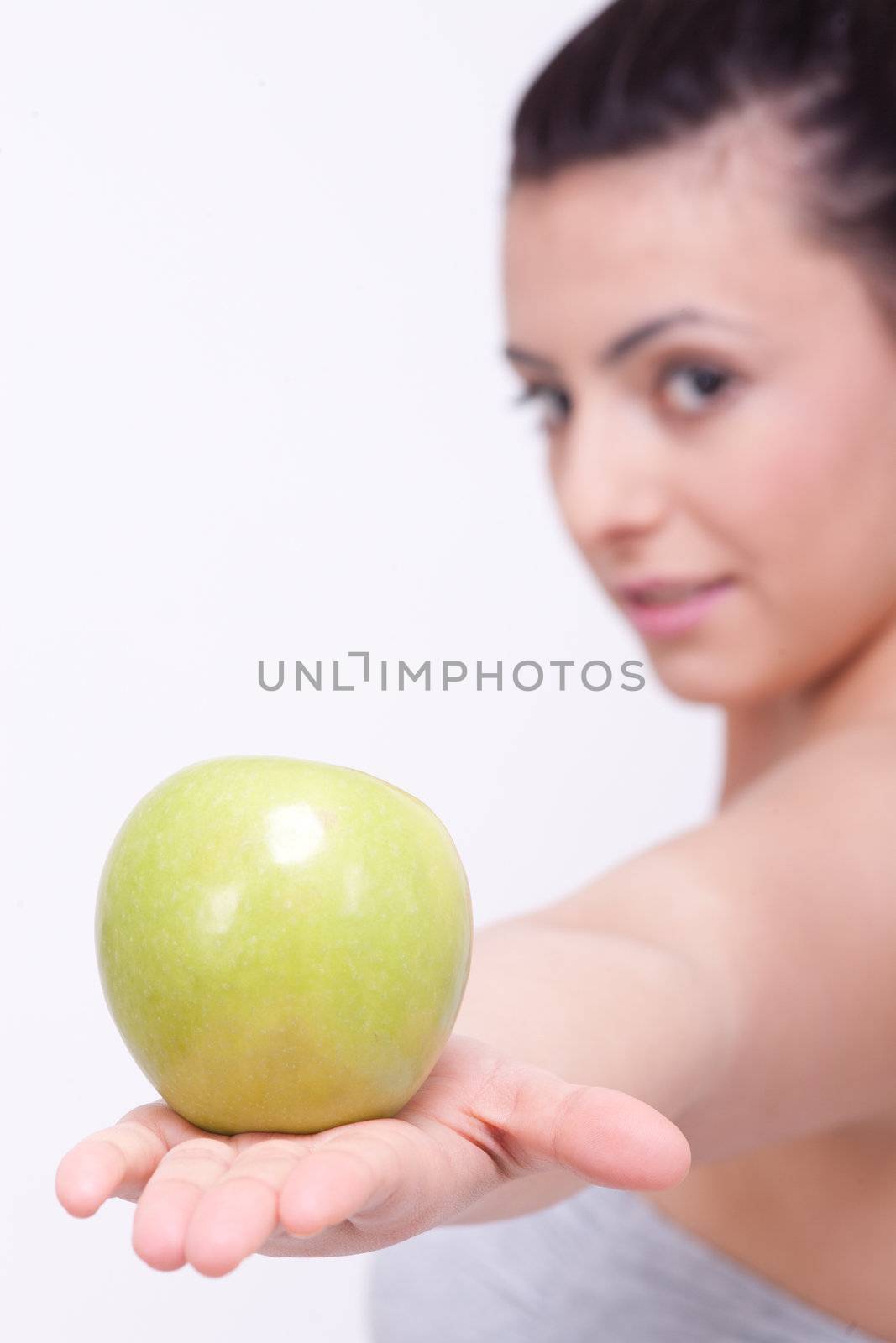 beautiful young brunette girl with a green apple  by juniart