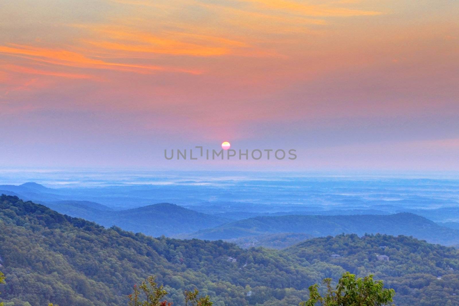 Sunrise and blue mountains. South Carolina.