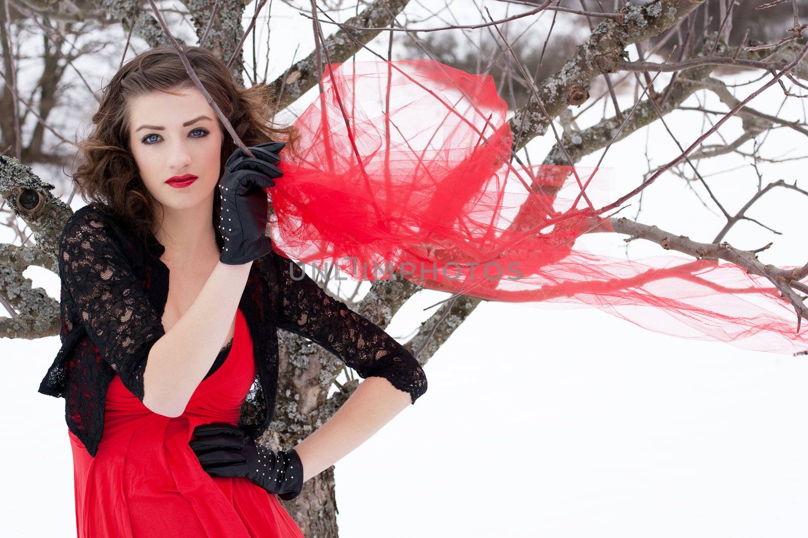 Beautiful woman with dark hair and red lips in white snow by juniart