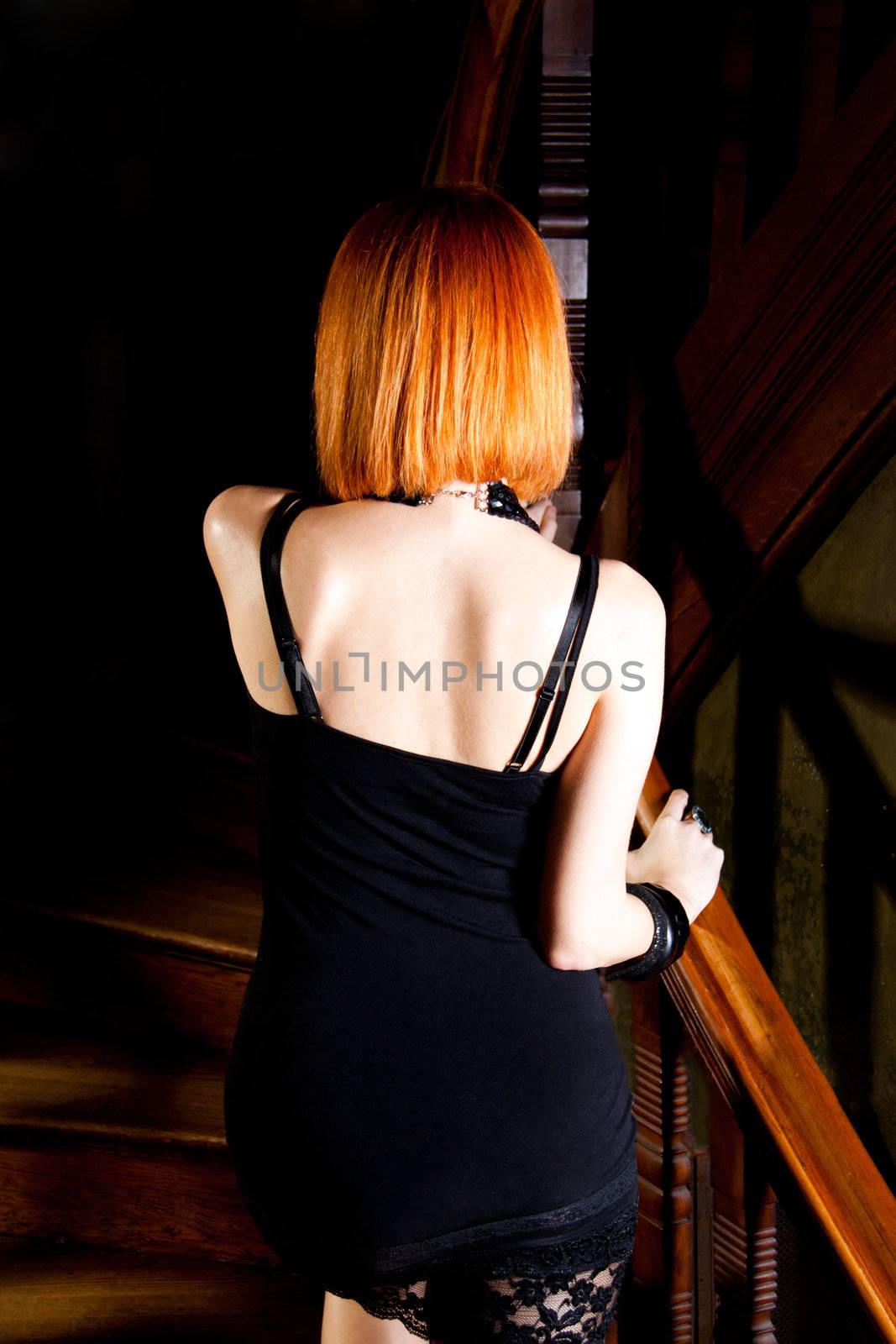 beautiful redhead woman on stairs indoor emotinal glamour by juniart