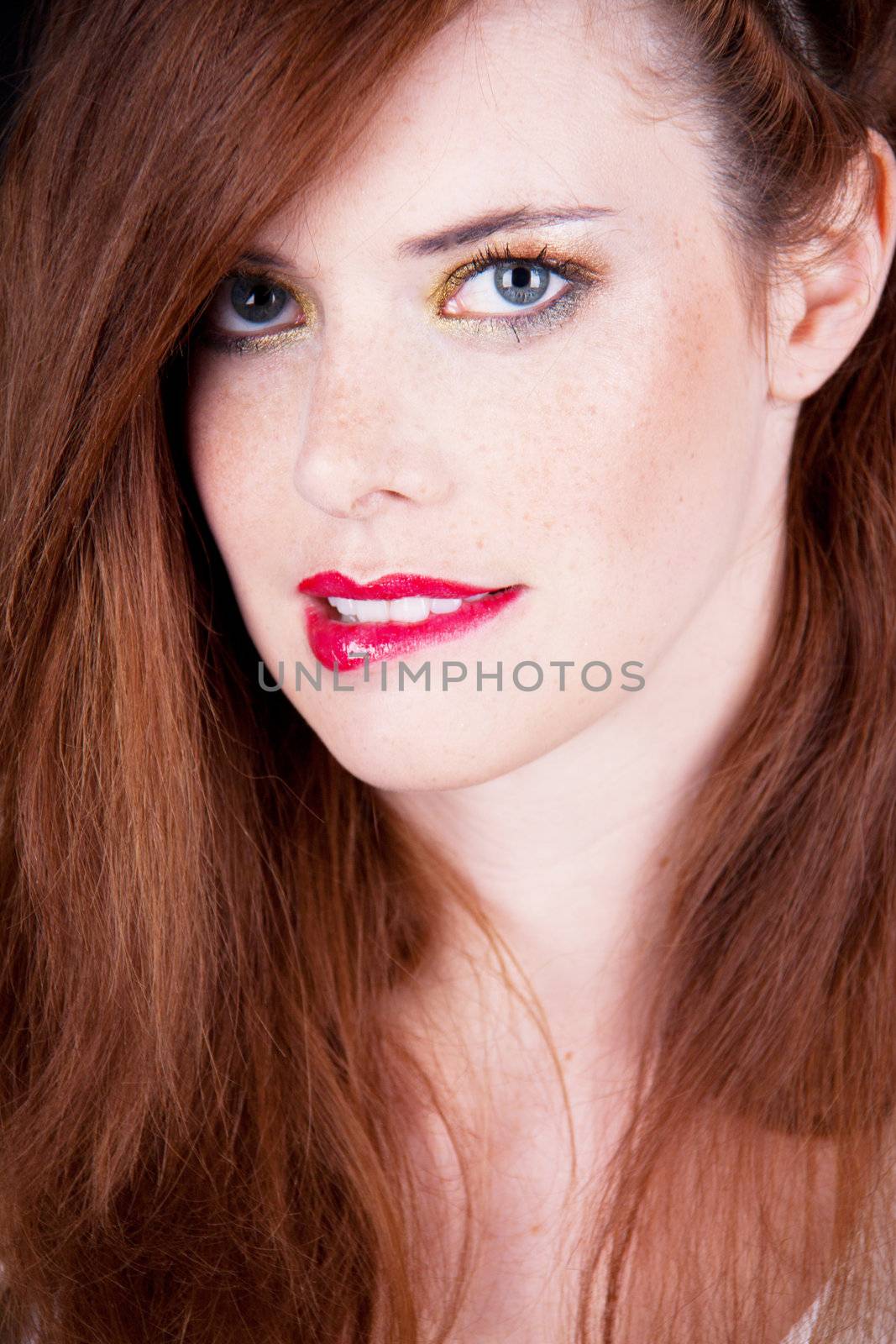 portrait of a beautiful young woman with red hair and red lips by juniart