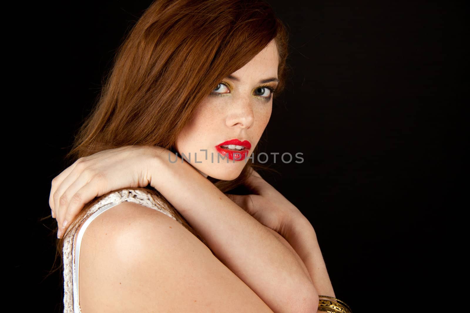 portrait of a beautiful young woman with red hair and red lips by juniart