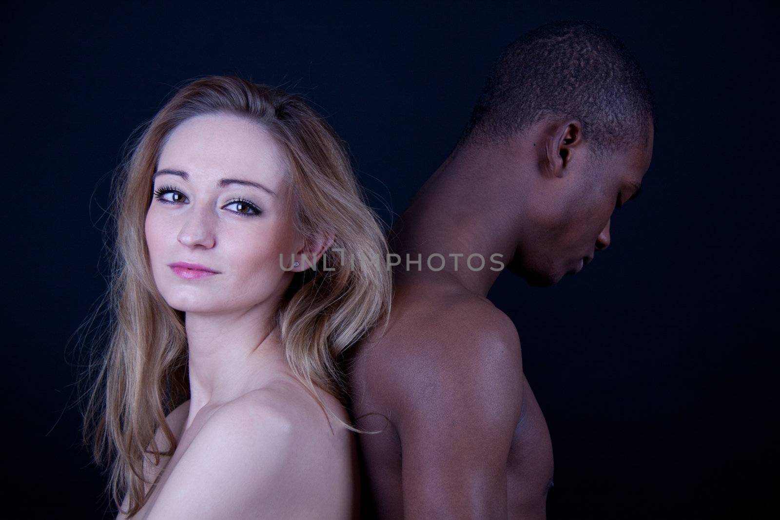 young beautiful caucasian woman with a man with dark skin couple lovers by juniart