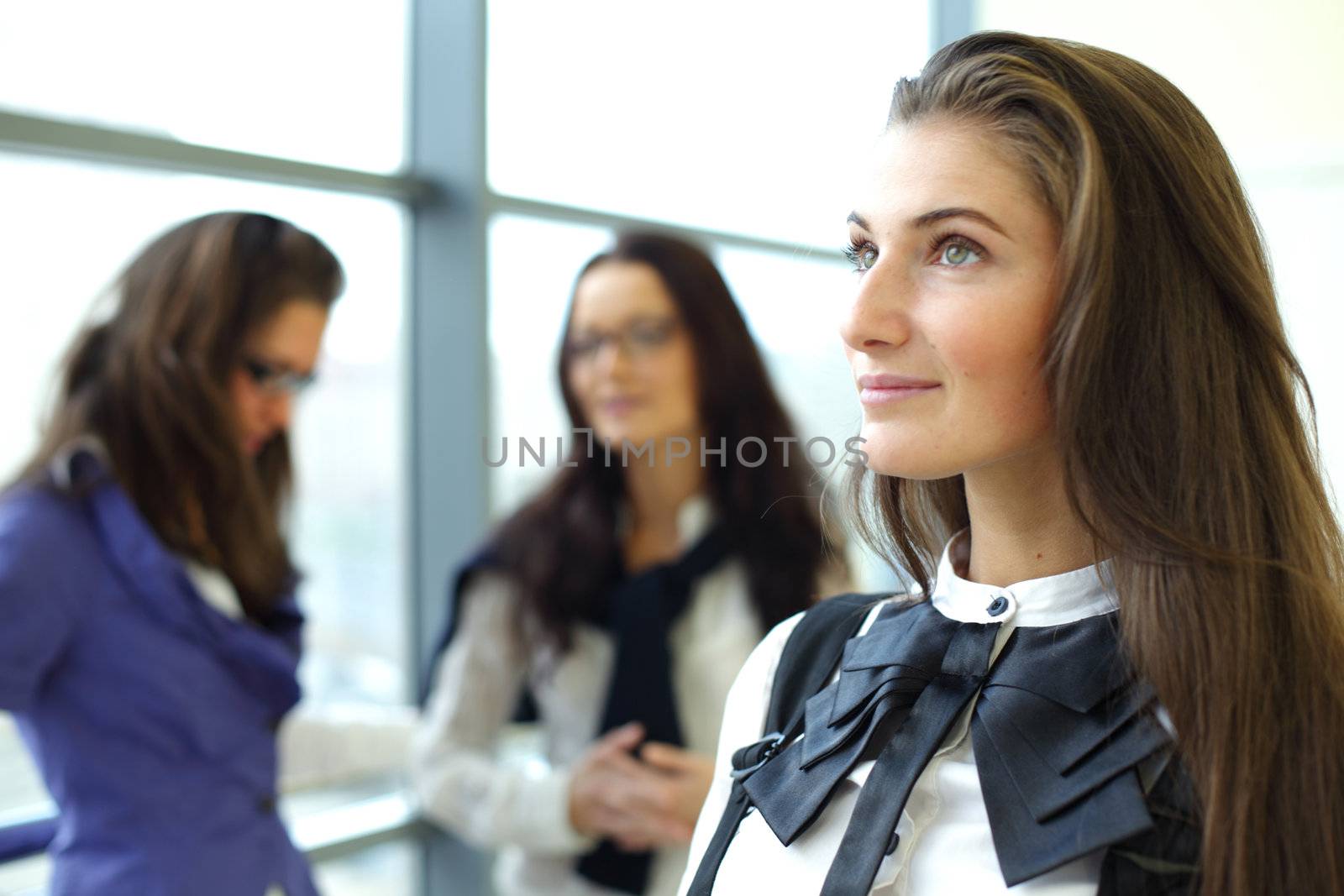 Student meeting smiley girl face on foreground 