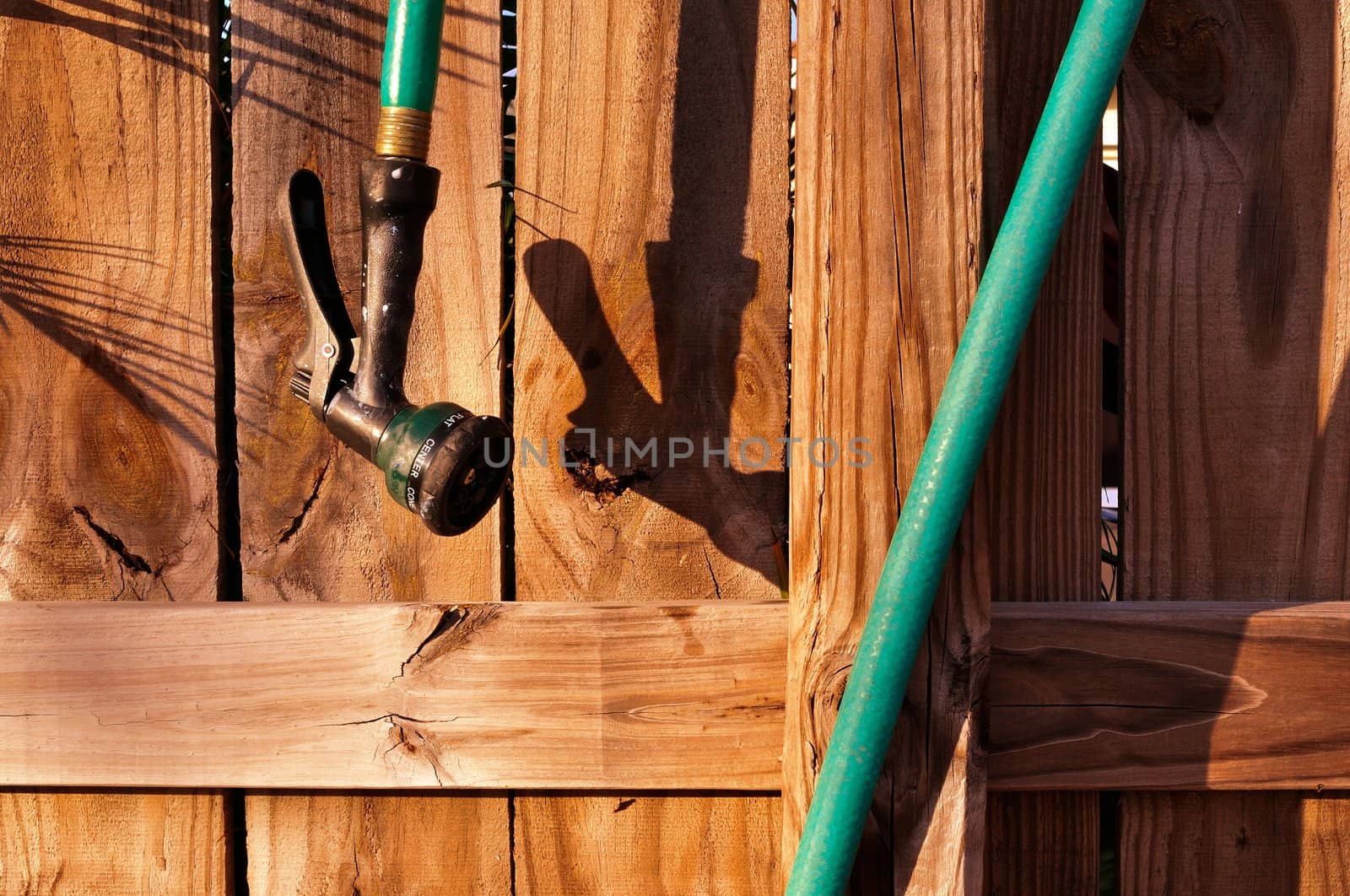 Wood fence and garden hose with spray nozzle.