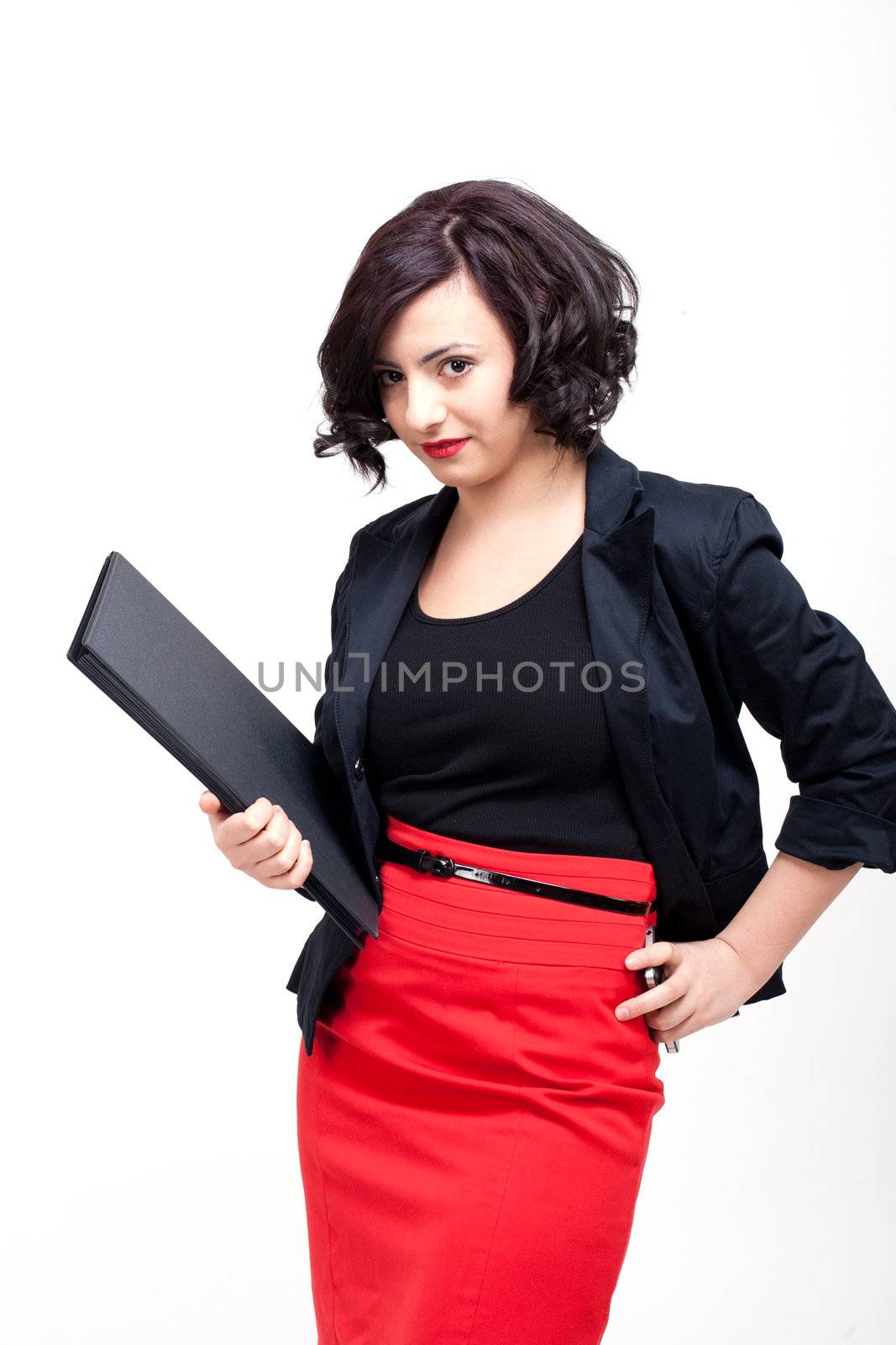 young business woman with dark hair successful by juniart