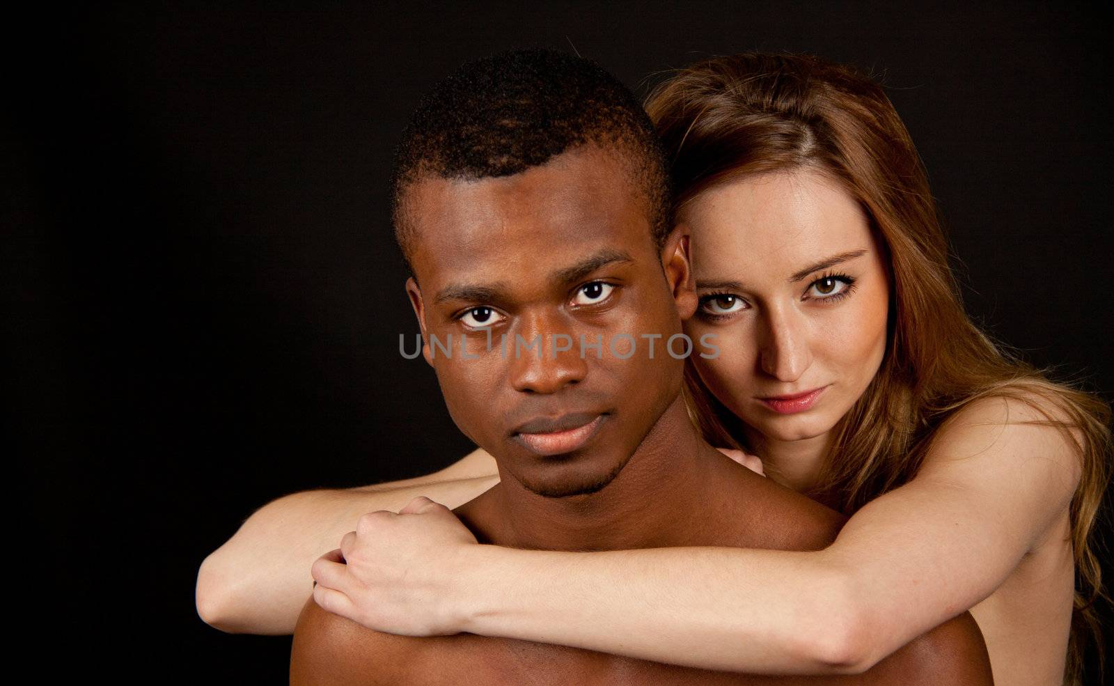 young beautiful caucasian woman with a man with dark skin couple lovers by juniart