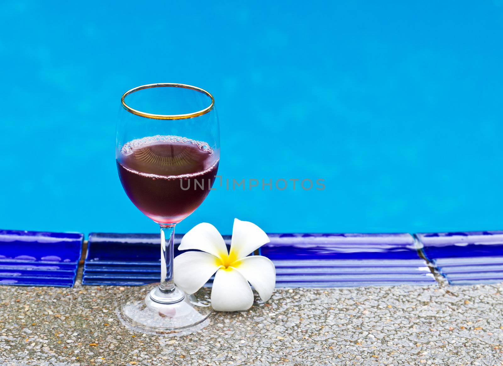 Red wine glasses and flower at the pool. Relaxing scene