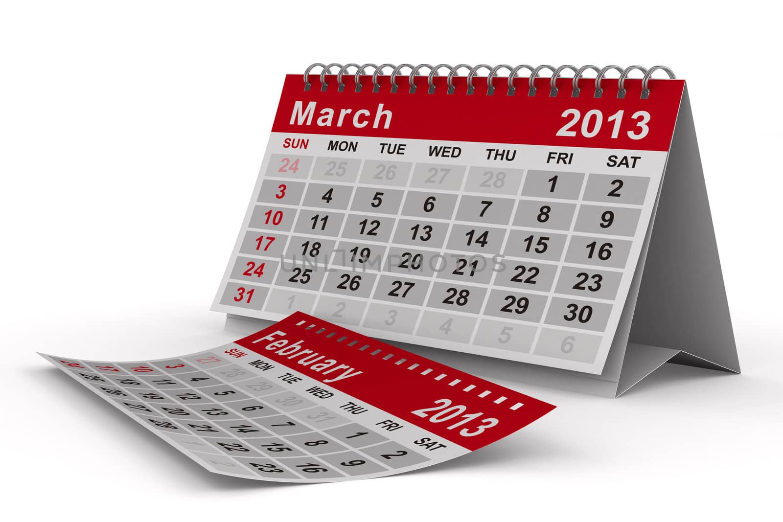 2013 year calendar. March. Isolated 3D image