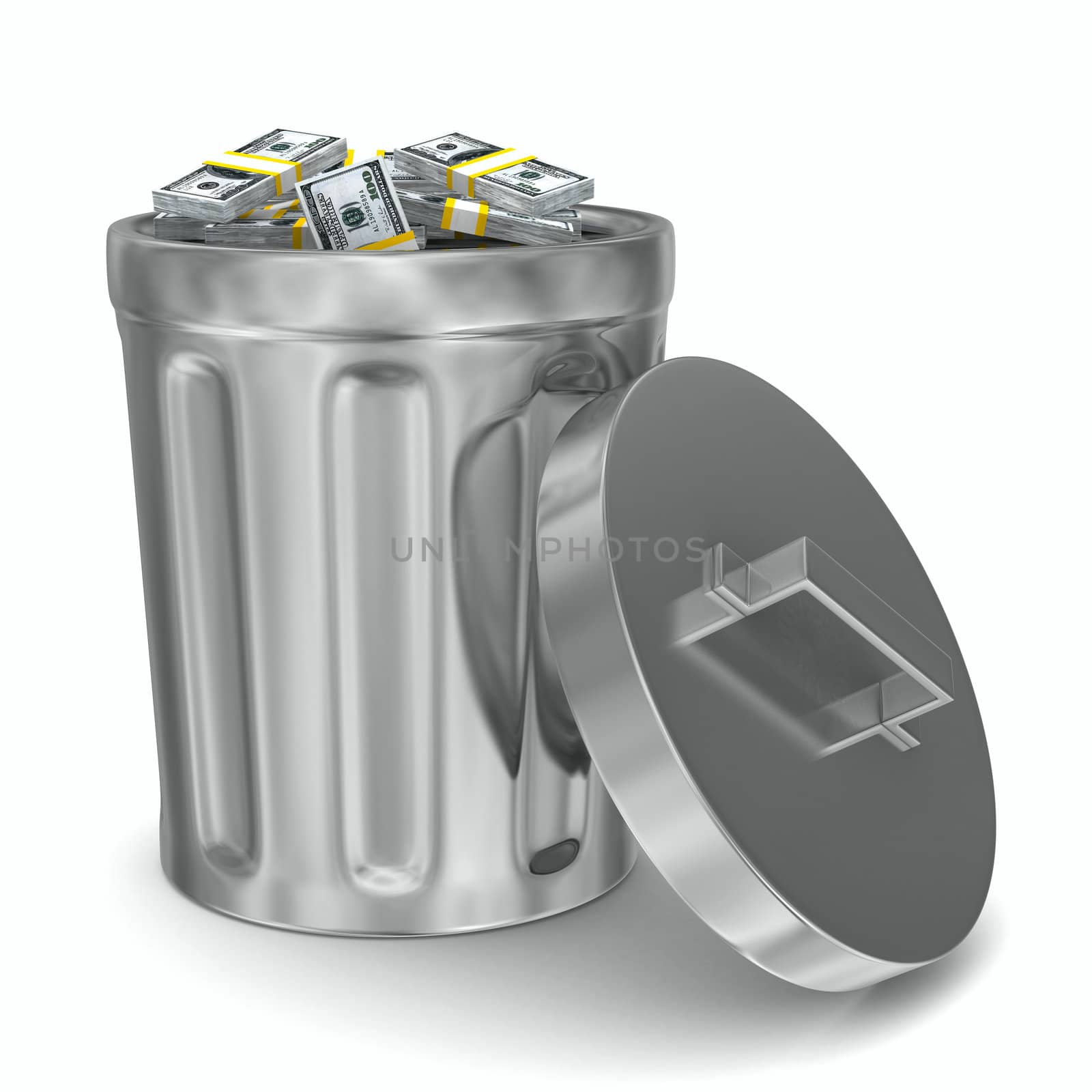 Garbage basket with dollars on white background. Isolated 3D image