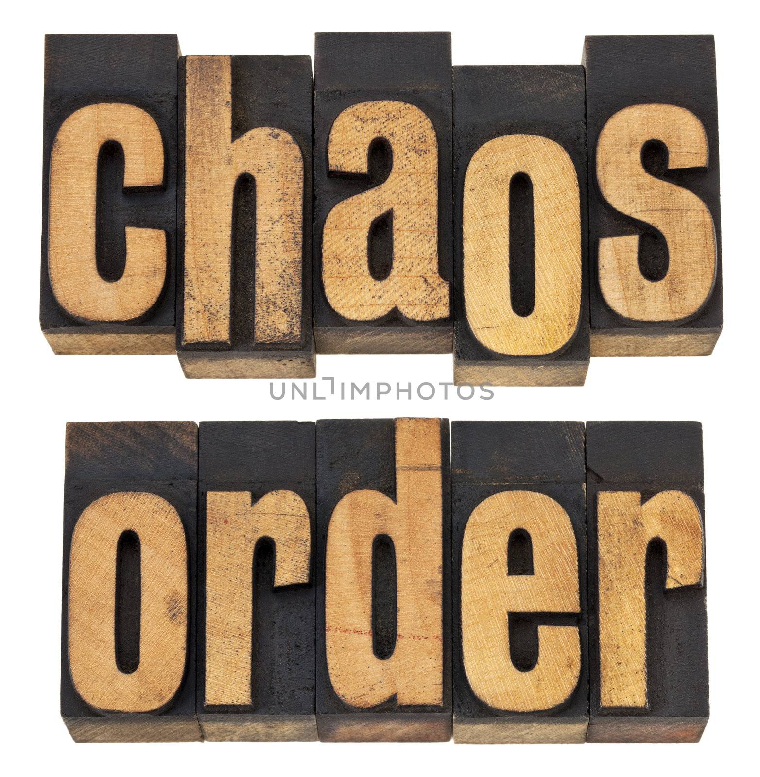 chaos and order  - a collage of isolated words in vintage letterpress wood type