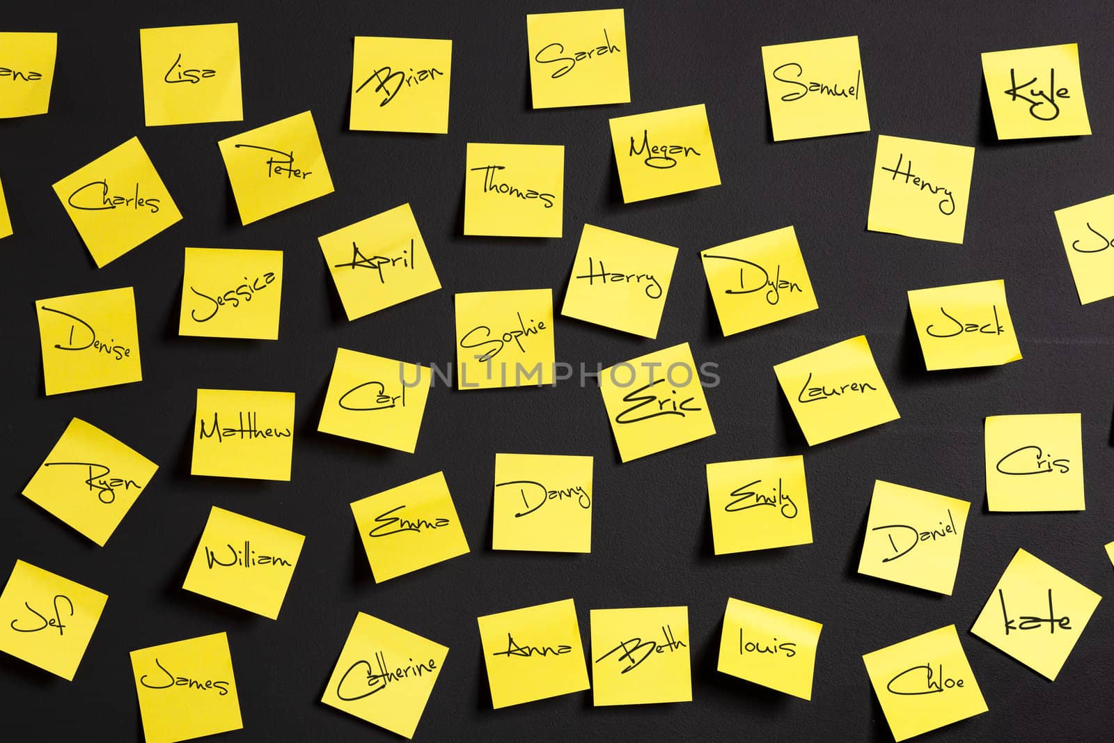 Yellow paper notes with male and female names 