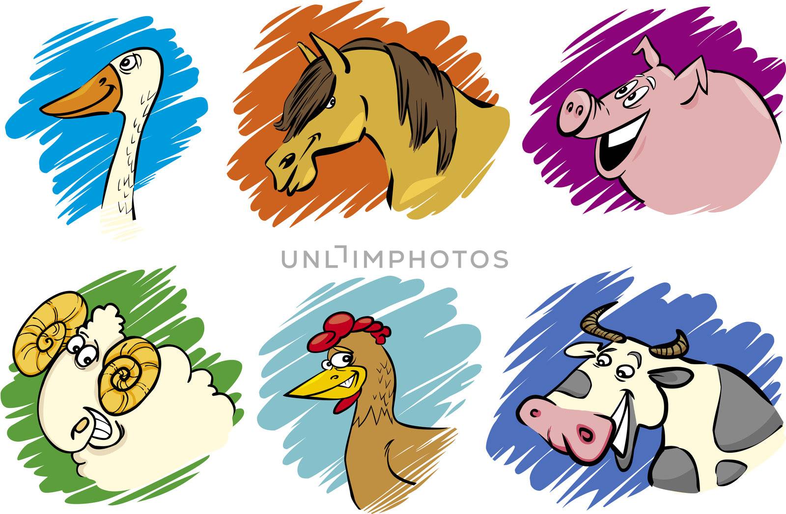 Set of funny farm animals cartoon illustrations