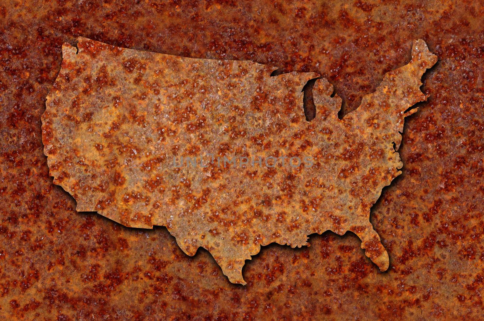 Rusted corroded metal map of the United States seamlessly tileable, reddish orange in color.