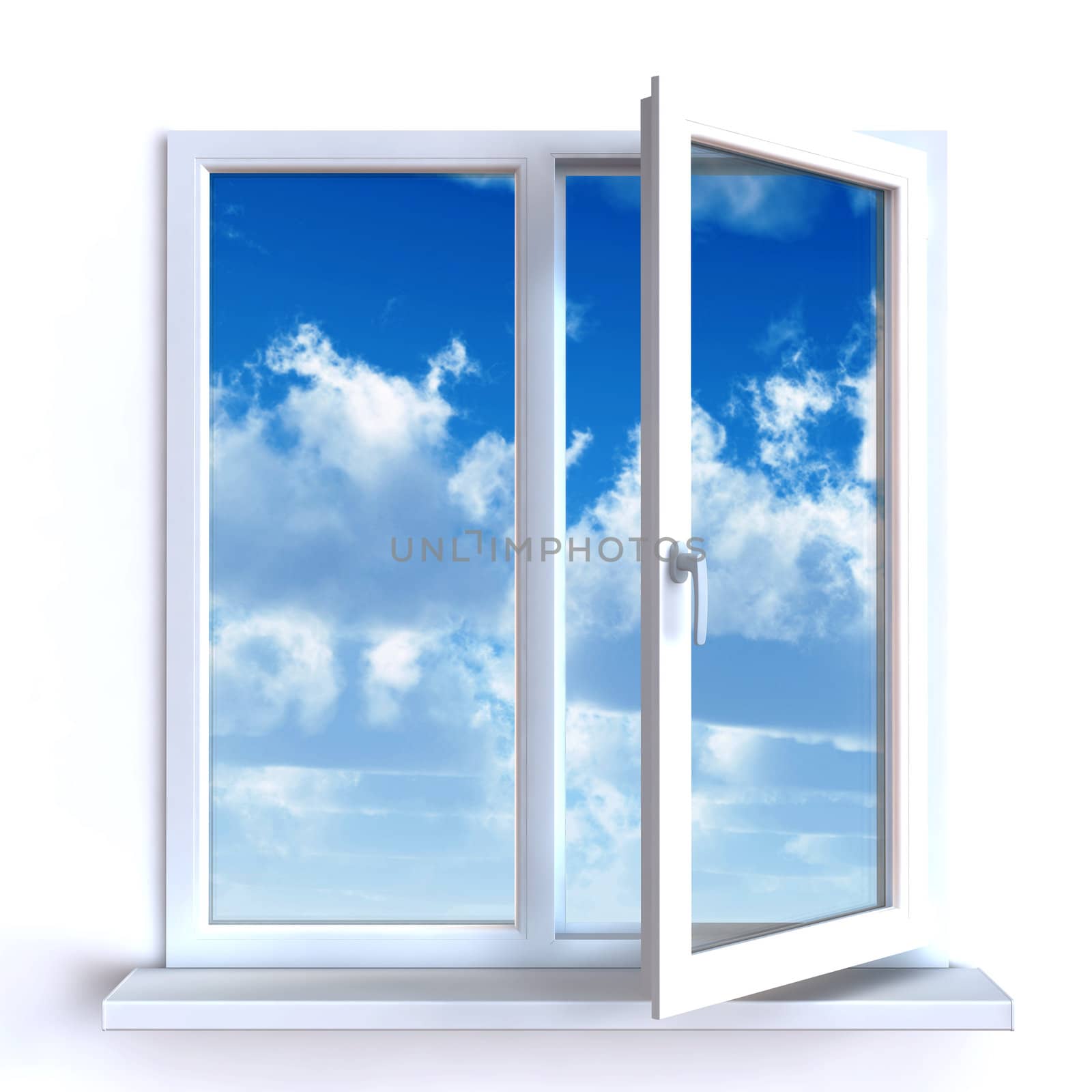 Open window against a white wall and the cloudy sky and sun
