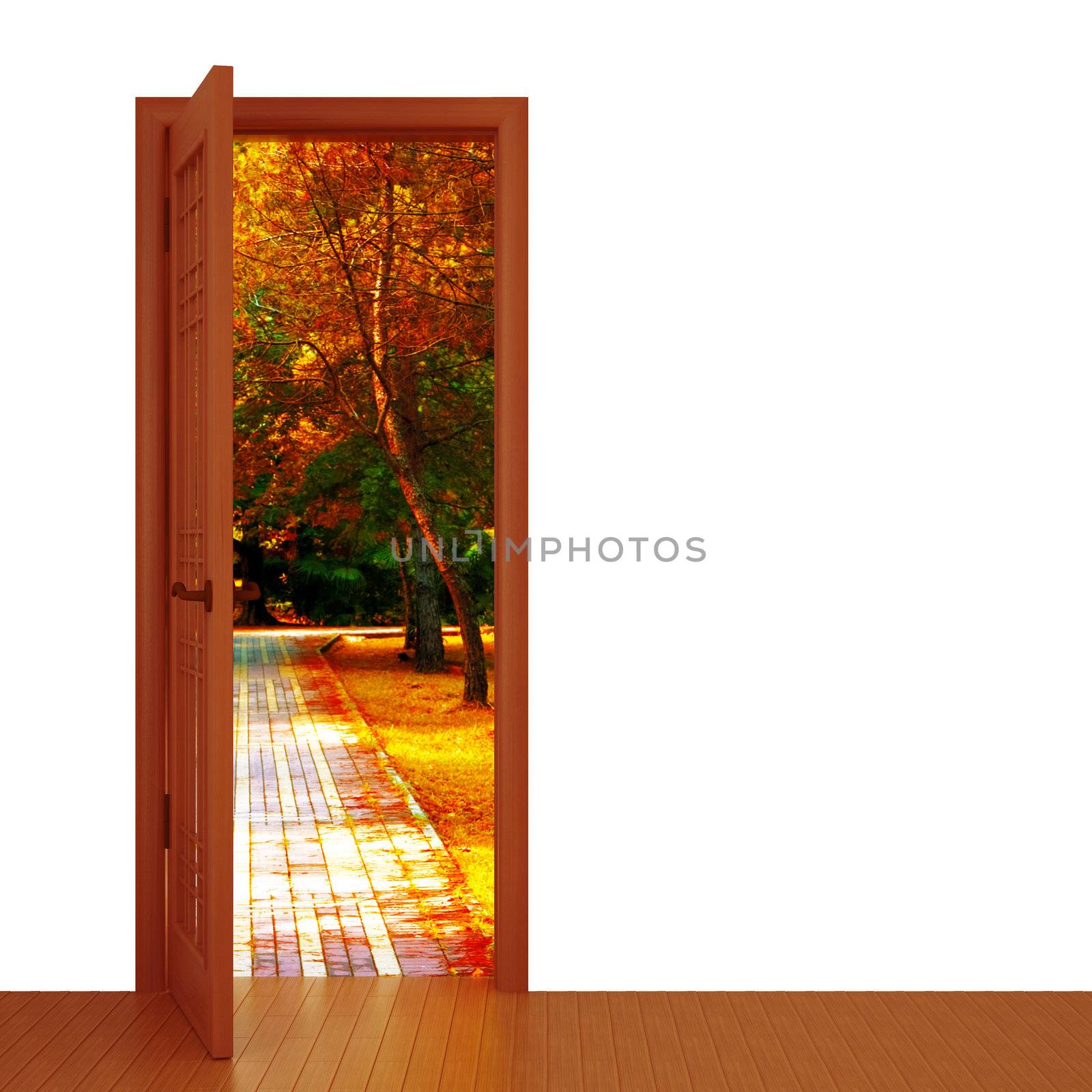unclosed door and beautiful autumn landscape