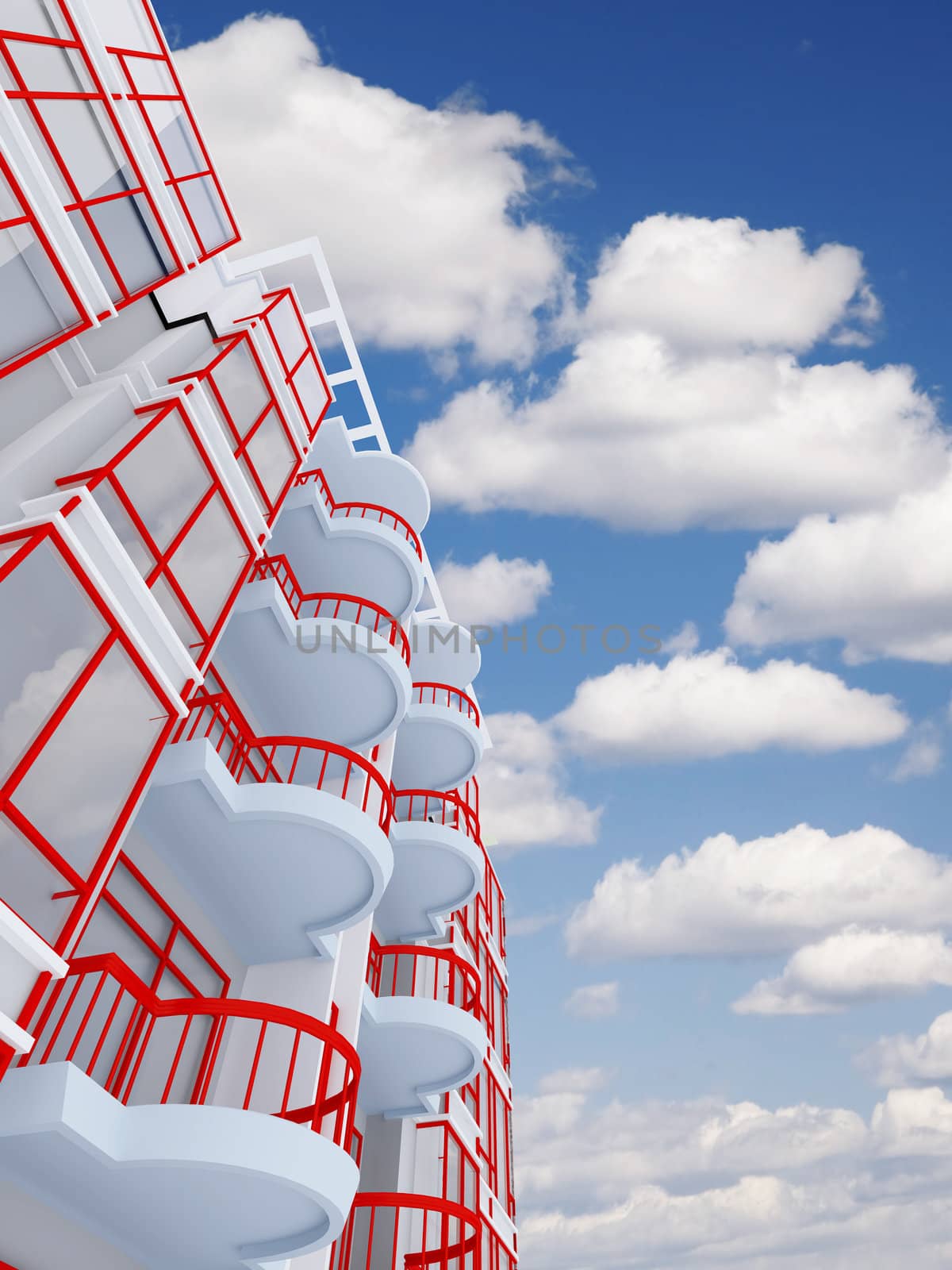 high modern residential building on a background sky and clouds