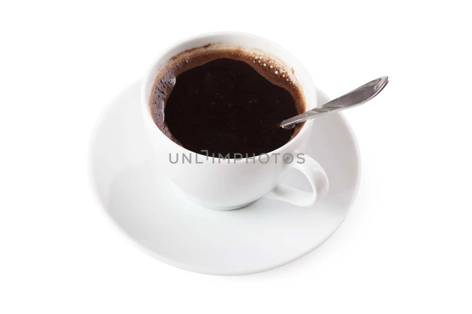 White cup of coffee with spoon over white background