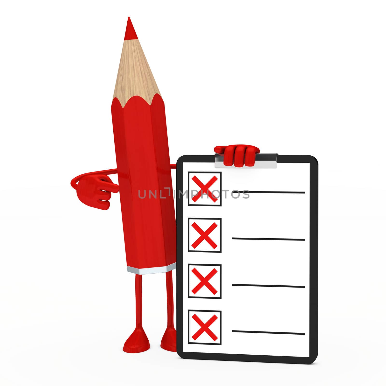 red pencil figure shows finger on checklist