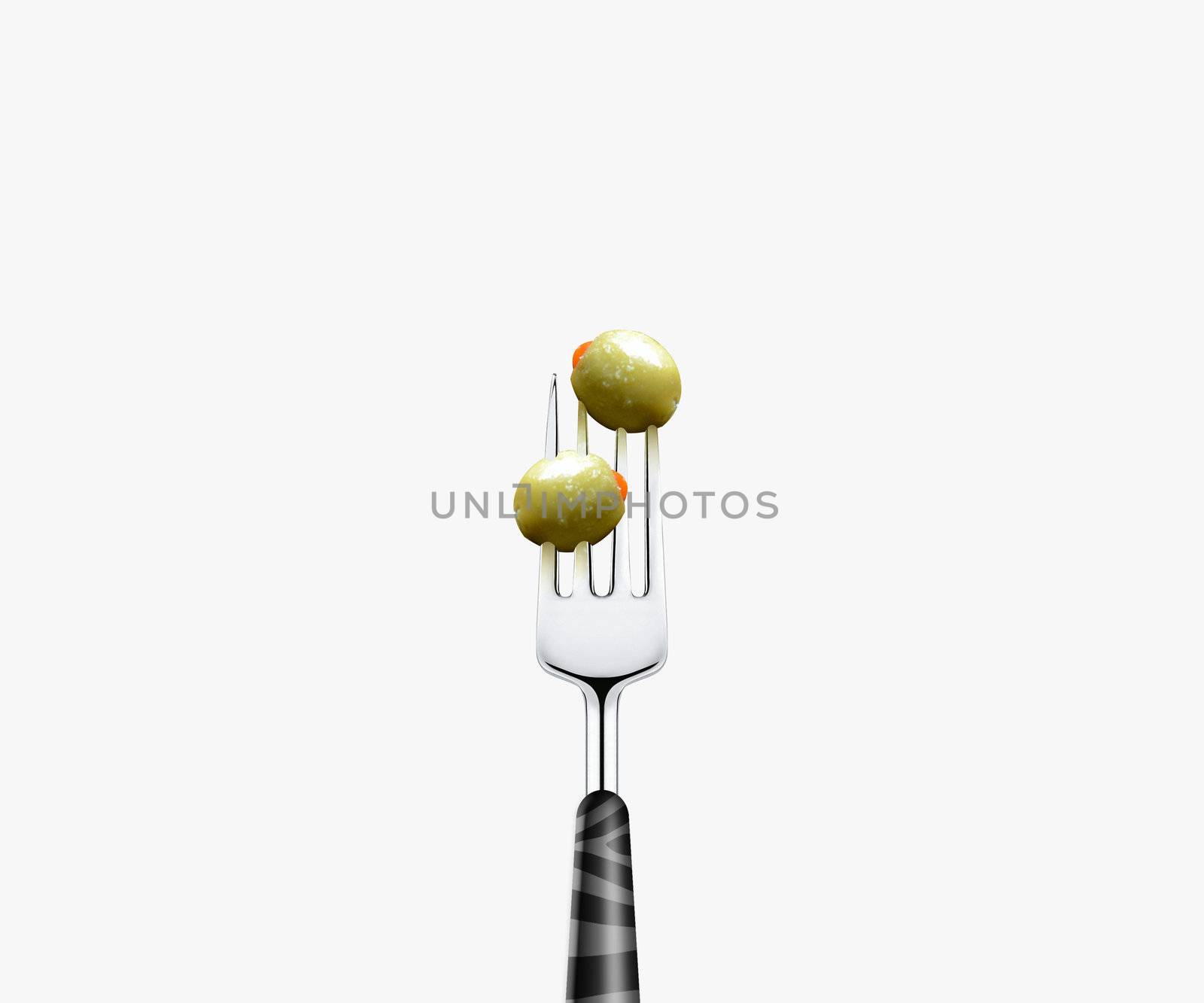 olive pierced by fork, isolated on white background