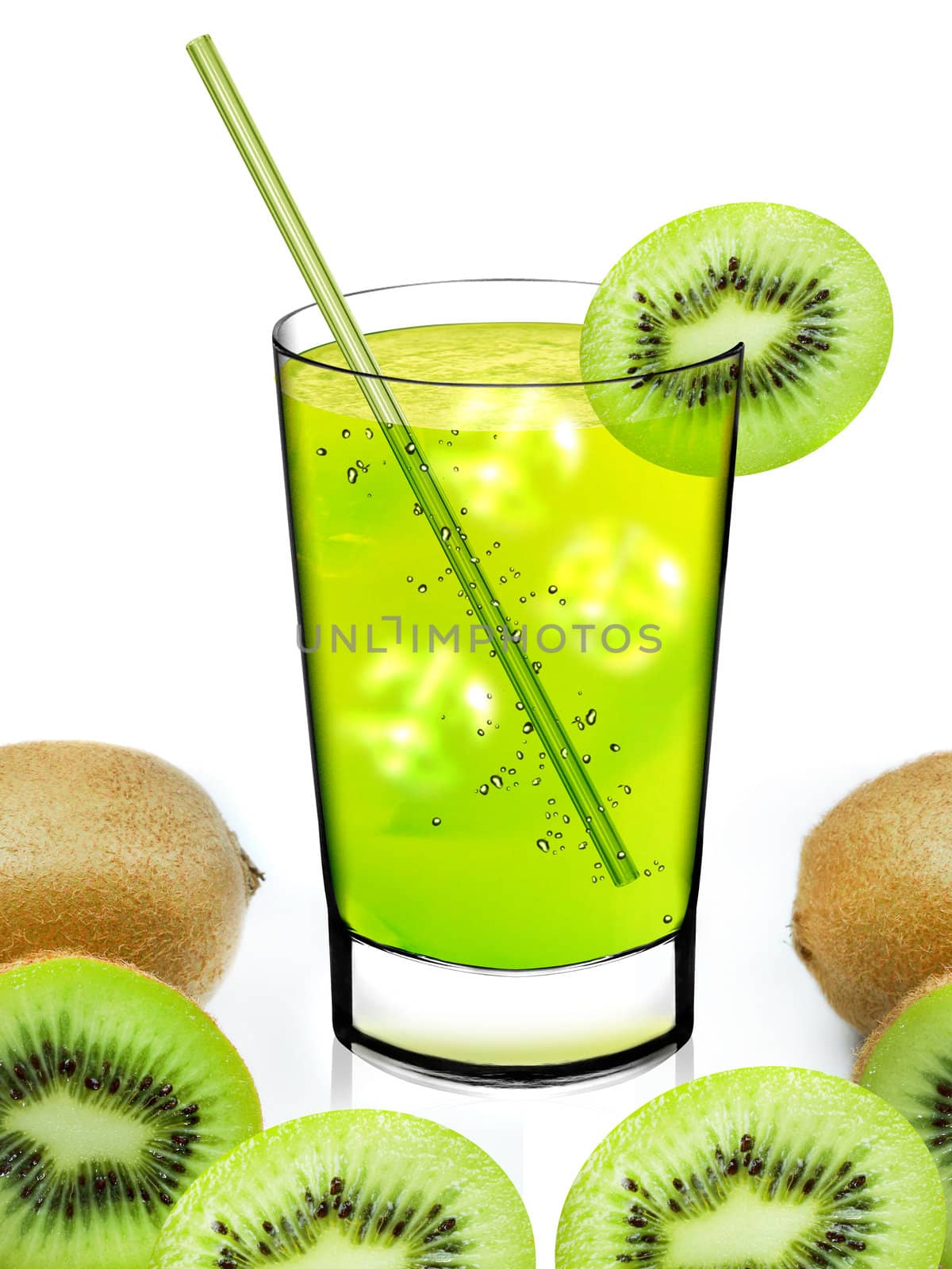 fresh natural kiwi juice and slices isolated on white background.