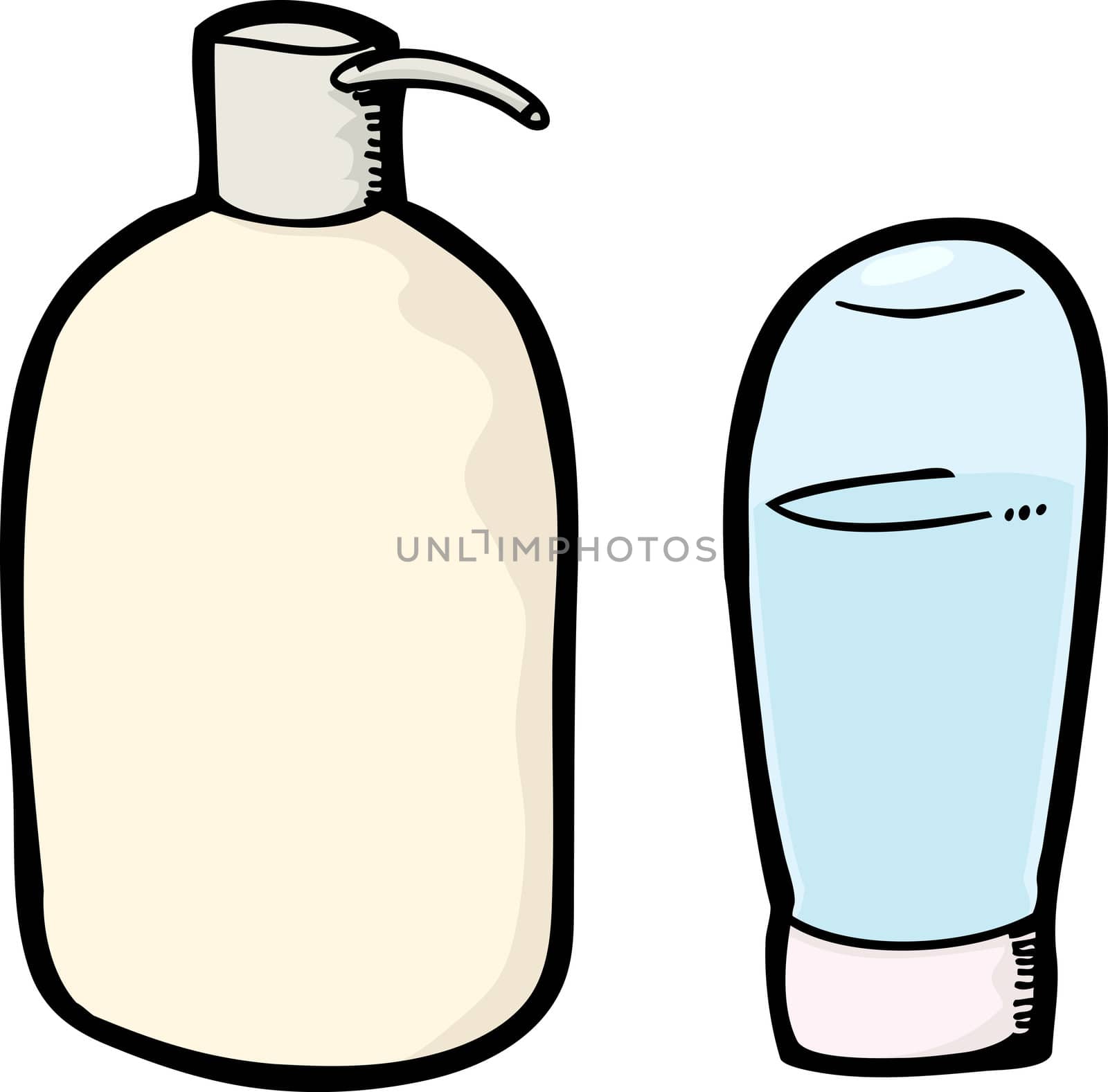 Soap pump and shampoo bottles isolated over white