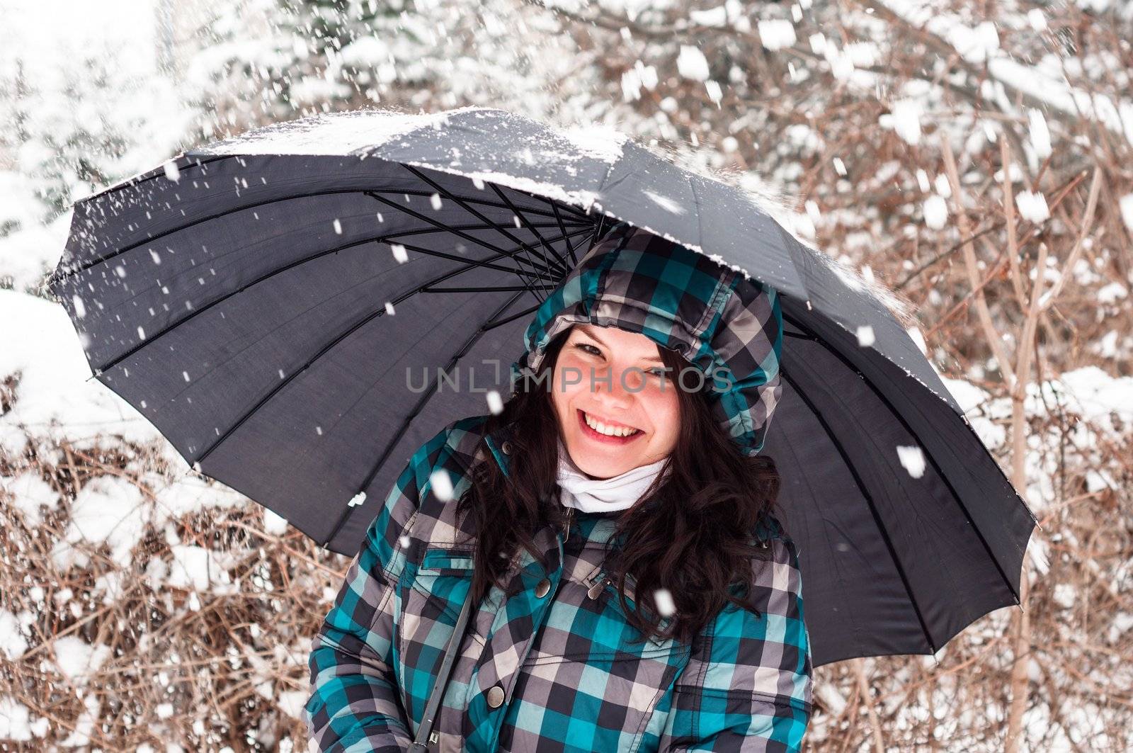 Girl with umbrella in the snow closeup