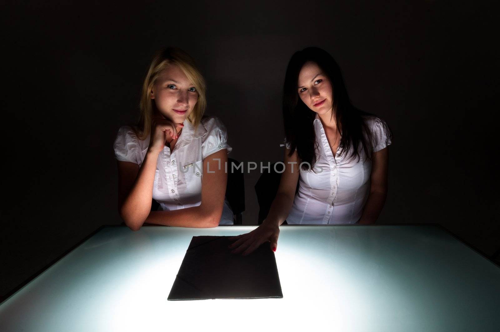 Conceptual photo of crime scene investigation with two girls