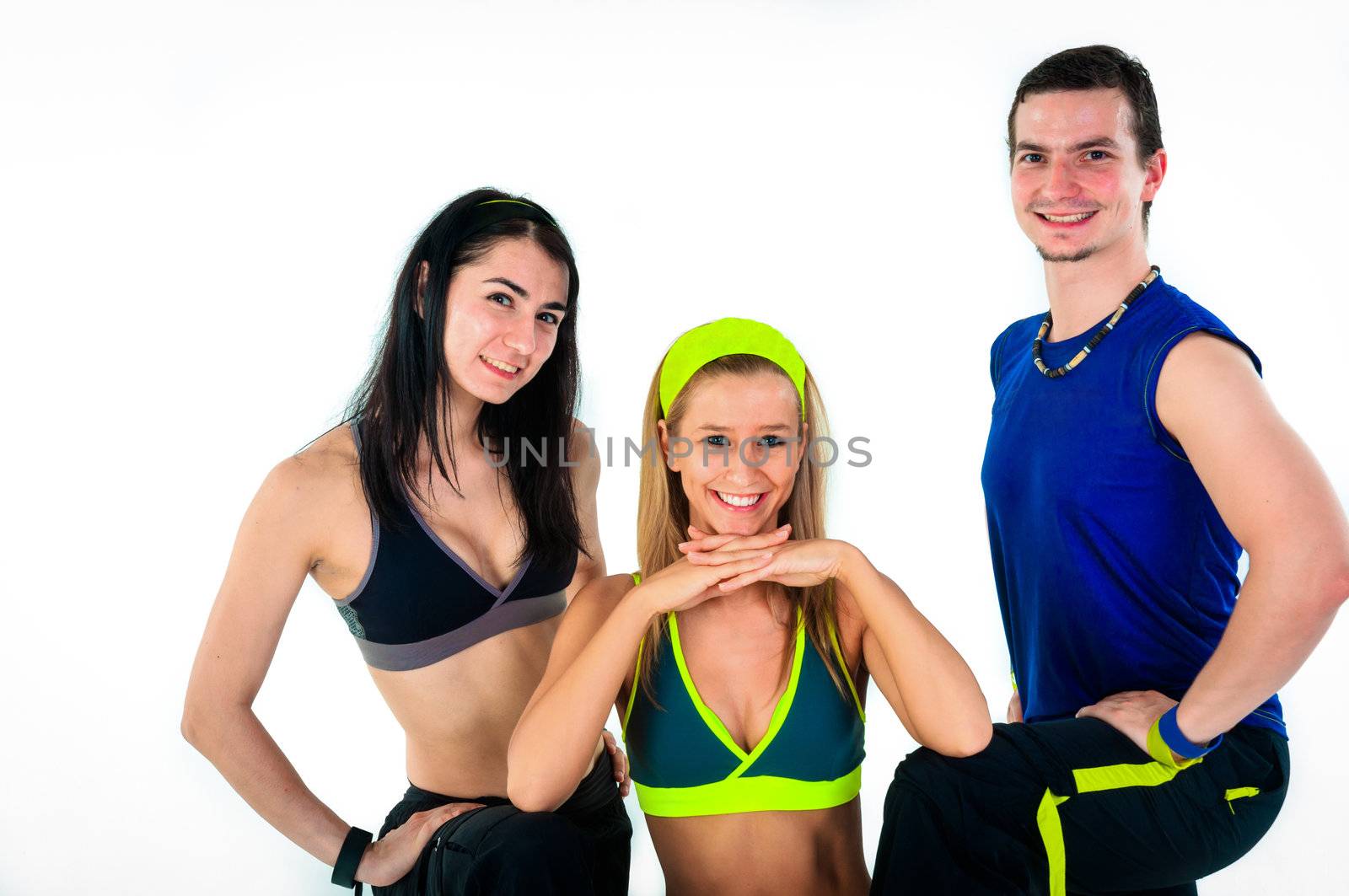 group of proud fitness instructors on white background