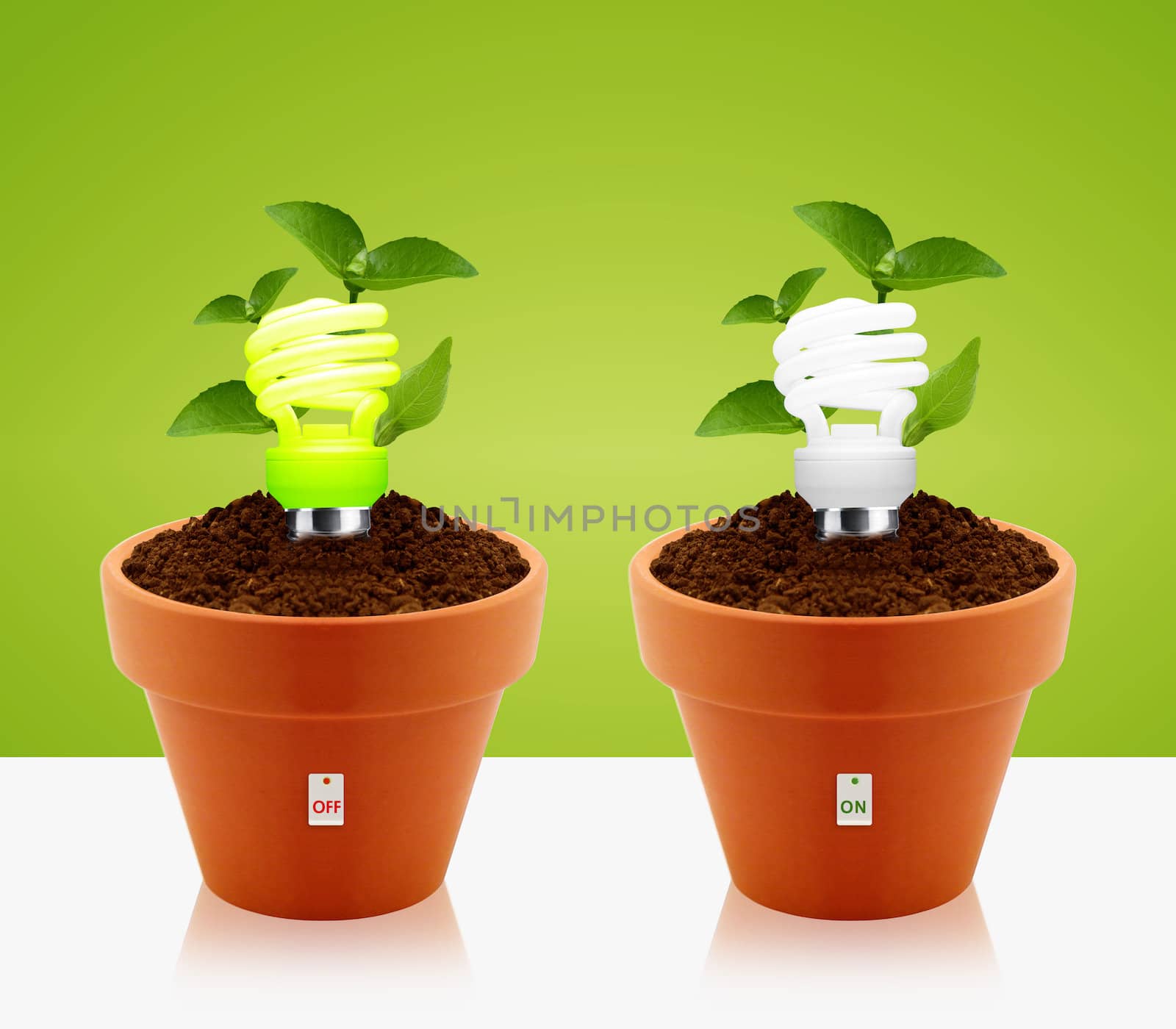 modern energy-saving concept, bright bulb, garden pot and green leaves.