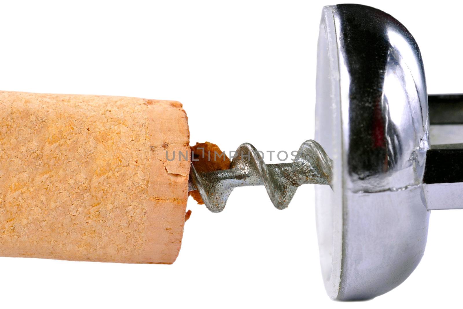 Closeup of a cork and a corkscrew, isolated