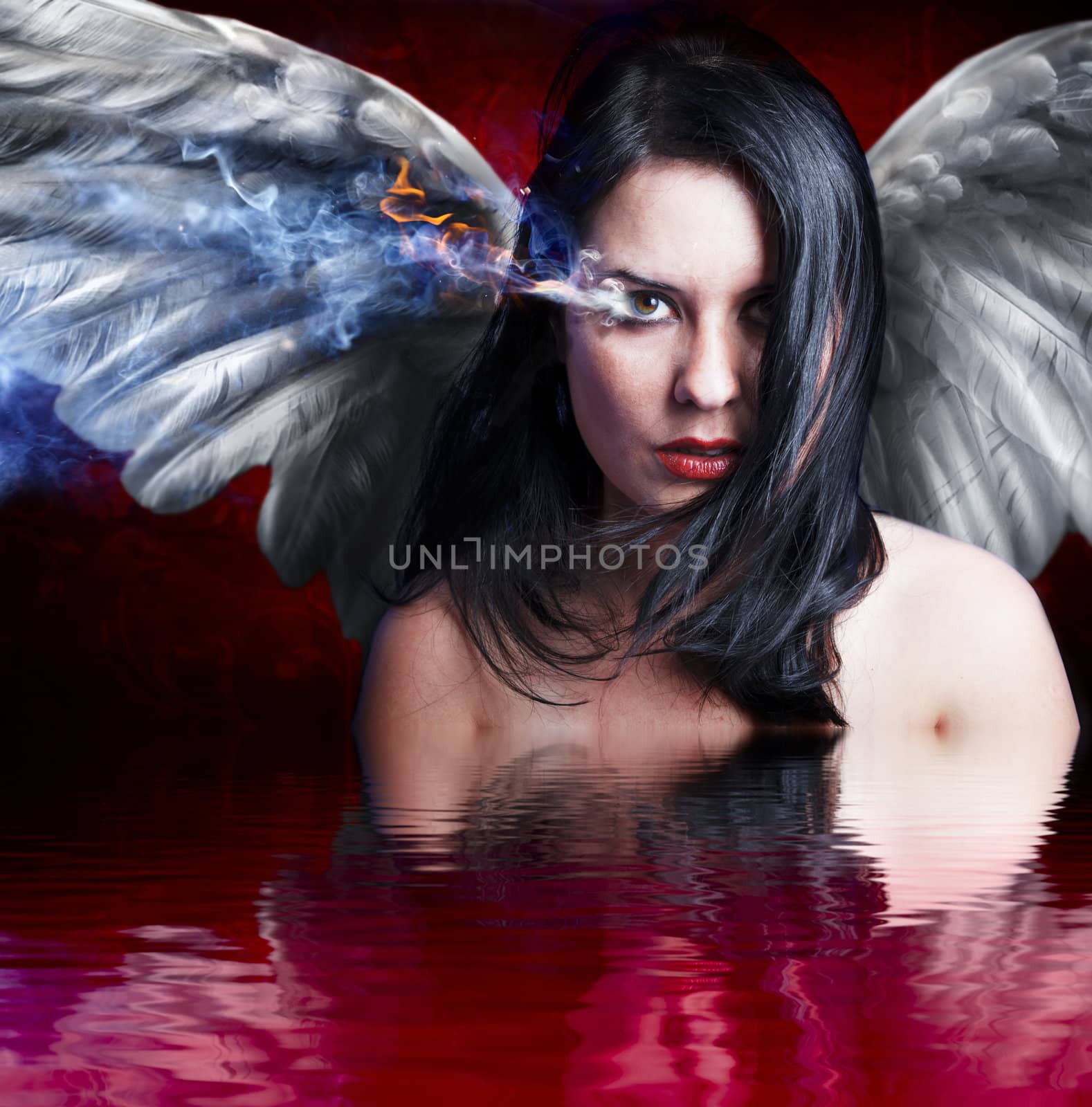Angel angry, girl with burning eye over blood water reflection