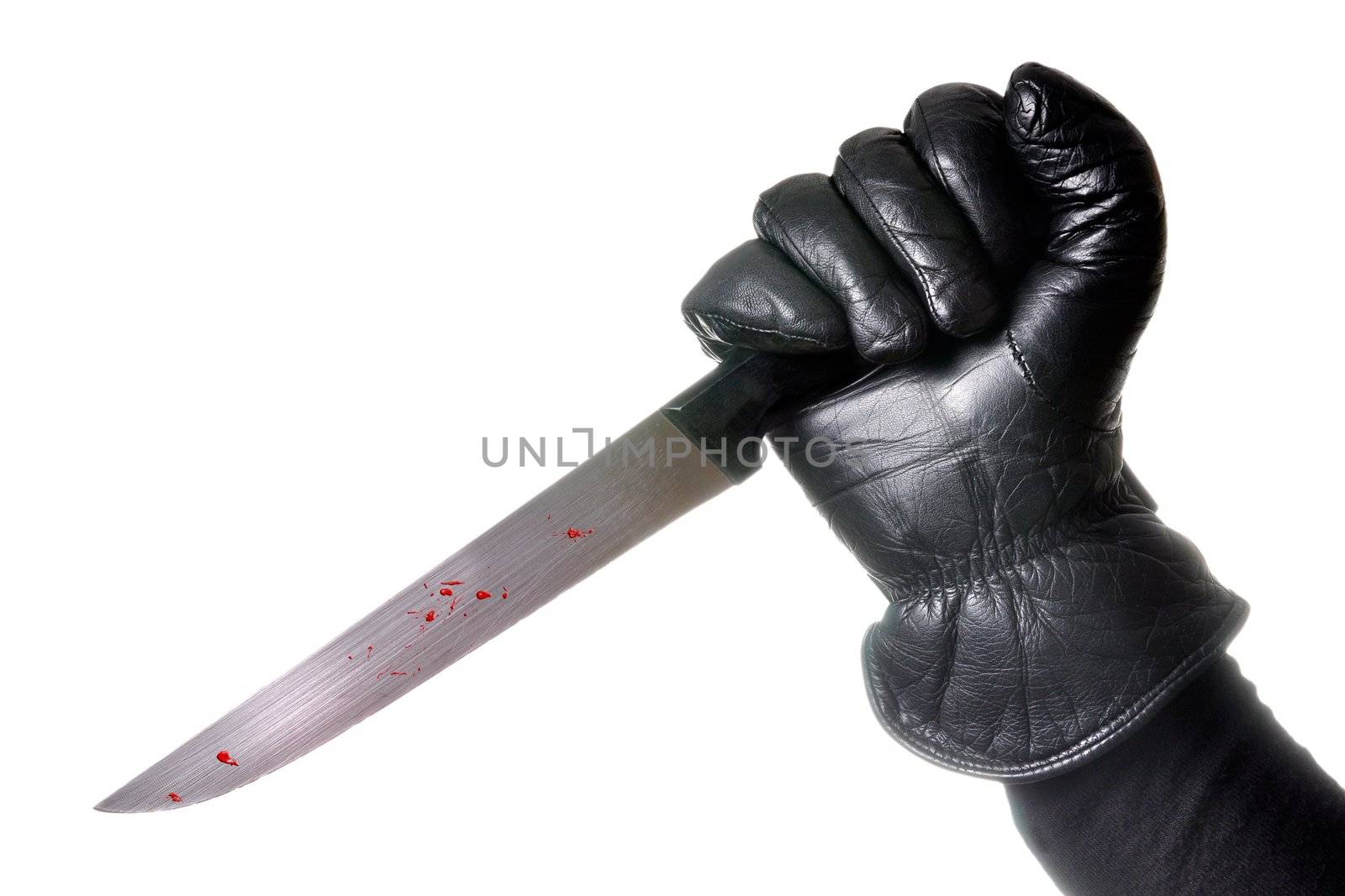 Hand holding bloody knife with glow around the hand and forearm. White background, isolated.