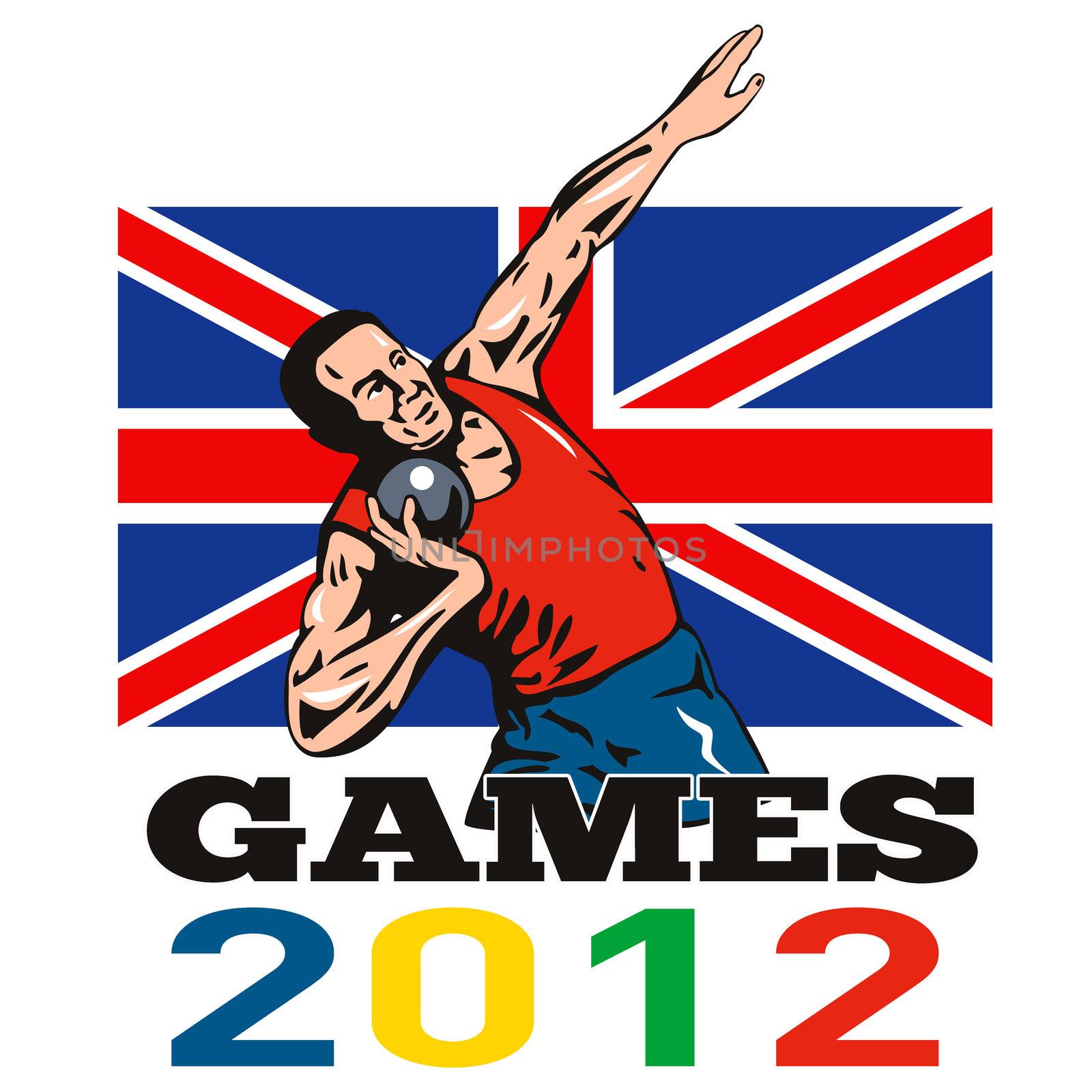 Illustration of an athlete shot put throw with words Summer Games 2012 and Union Jack British UK Flag done in retro style.

