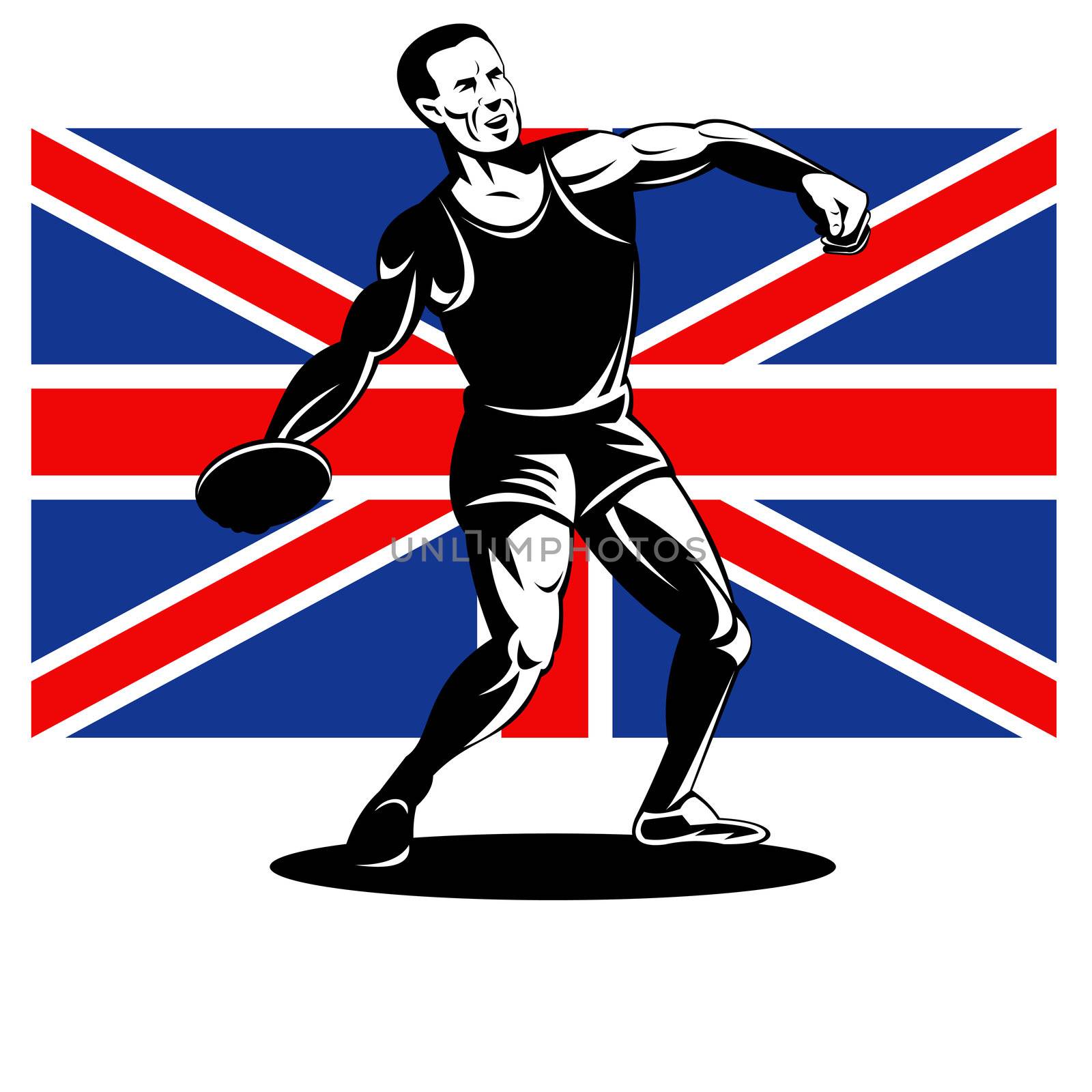 Illustration of an athlete Discus Throw with Union Jack British UK Flag done in retro style.
